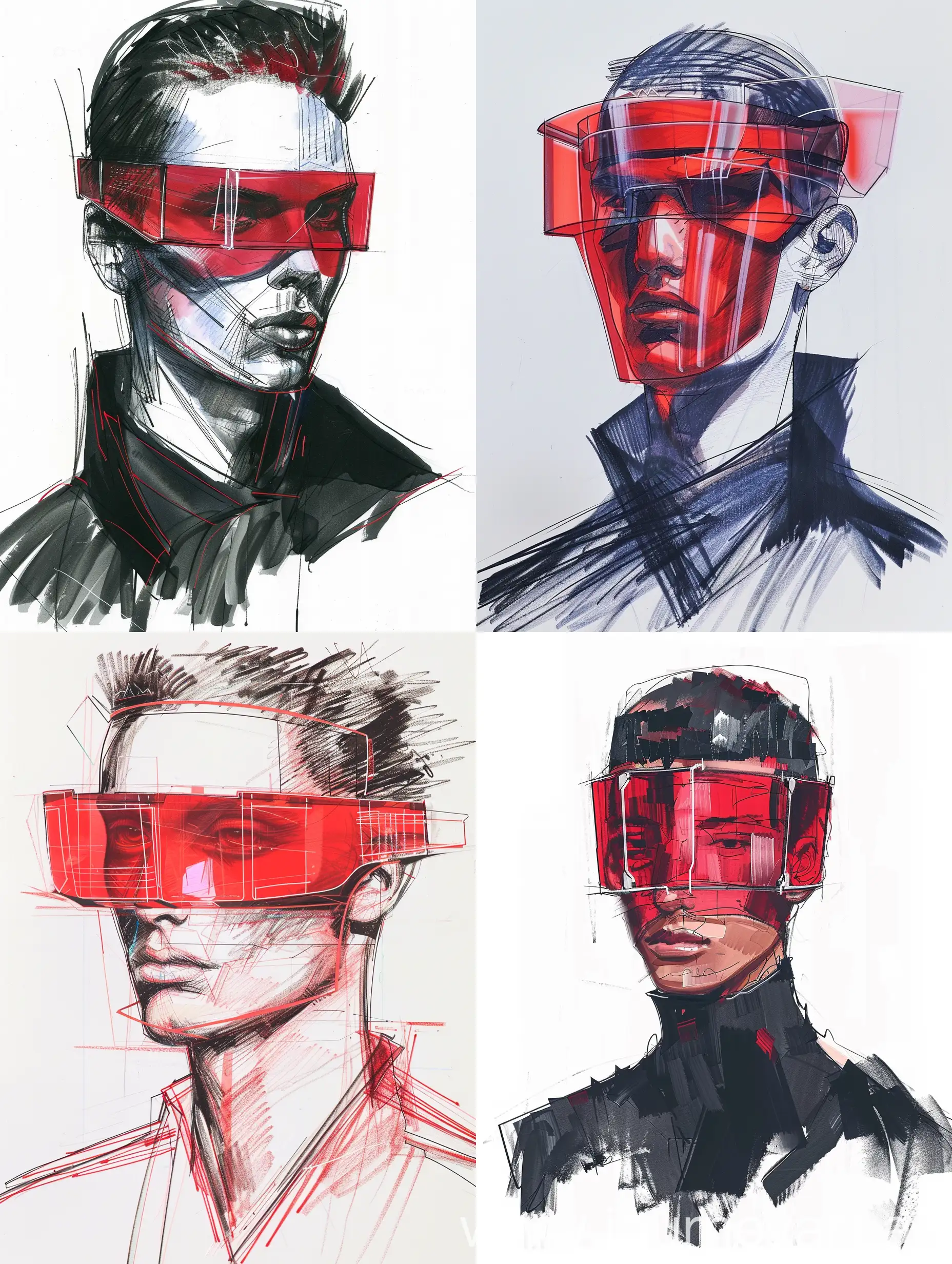 futuristic male high fashion, wear red transparent plastic face visor runway sketches minimalist illustration
