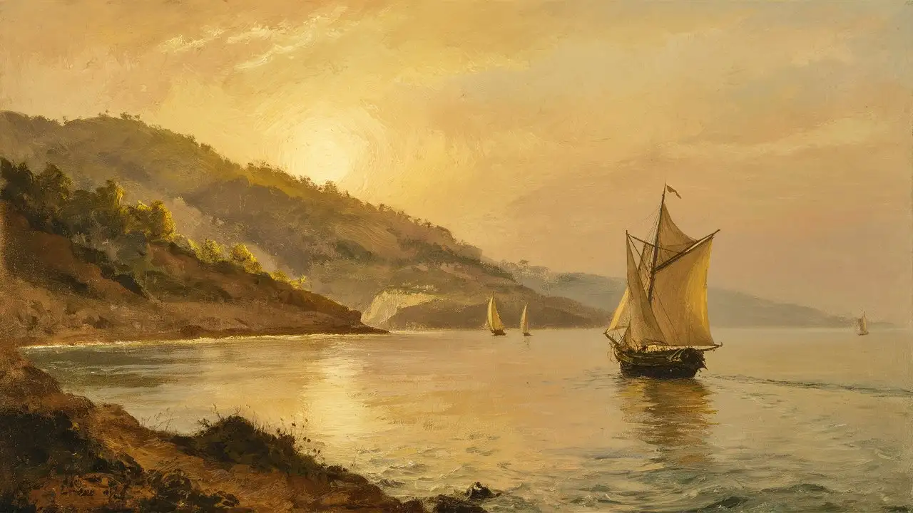 manet type sunset of hills and coastline with 1800's yacht in the distance