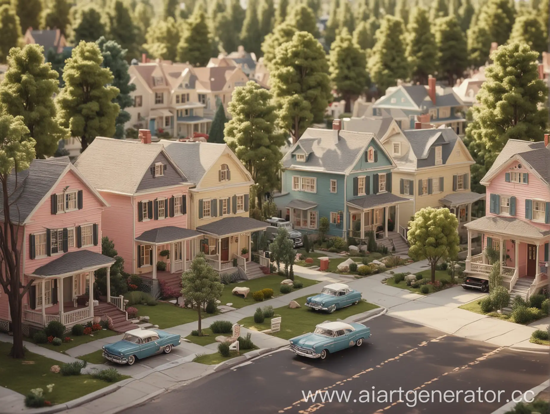 Vintage-Model-Neighborhood-with-Pastel-Houses-and-Cars