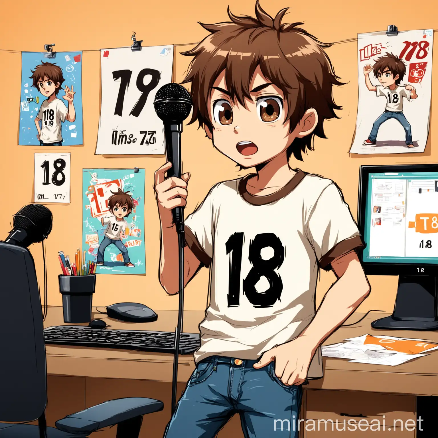 Animated Teenage Boy Speaking into Microphone at Desk with Computer and Posters