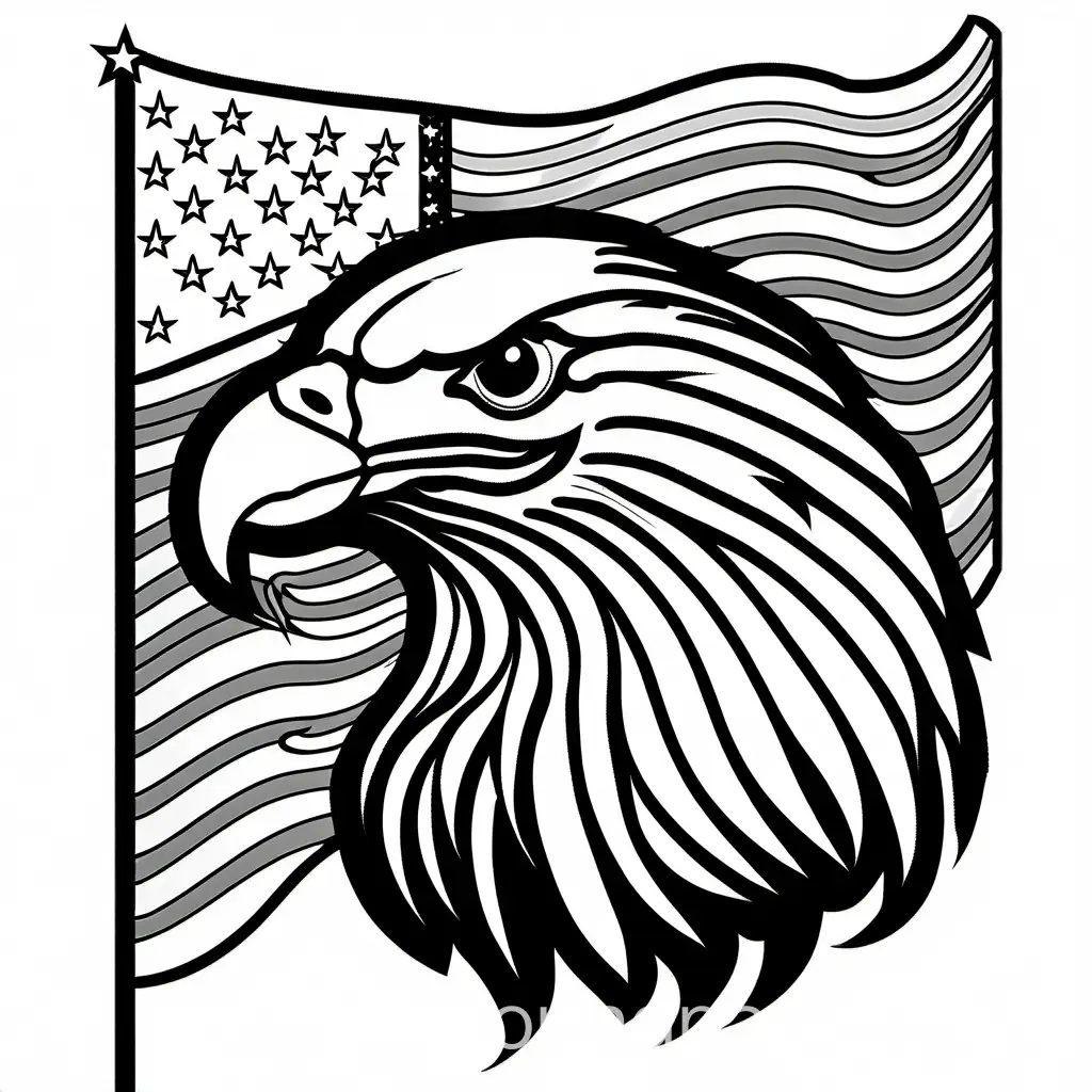 An outline drawing of an American Bald Eagle's head in profile, facing to the left, set against a background featuring the stars and stripes of the American flag, with three stars superimposed on the flag., Coloring Page, black and white, line art, white background, Simplicity, Ample White Space. The background of the coloring page is plain white to make it easy for young children to color within the lines. The outlines of all the subjects are easy to distinguish, making it simple for kids to color without too much difficulty 