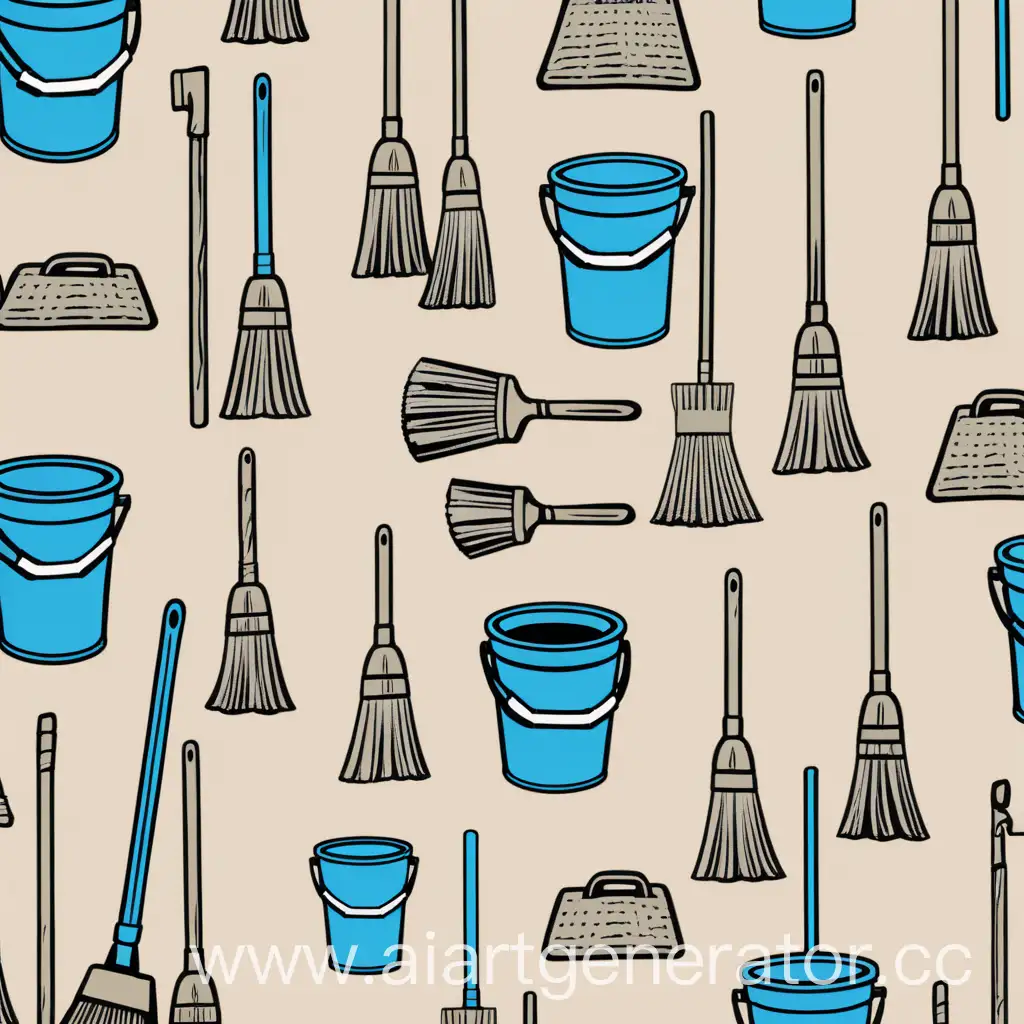 Фоновое изображение с повторяющимися картинками нарисованных швабр, веников, моющих средств, тряпок и вёдер для мытья полов