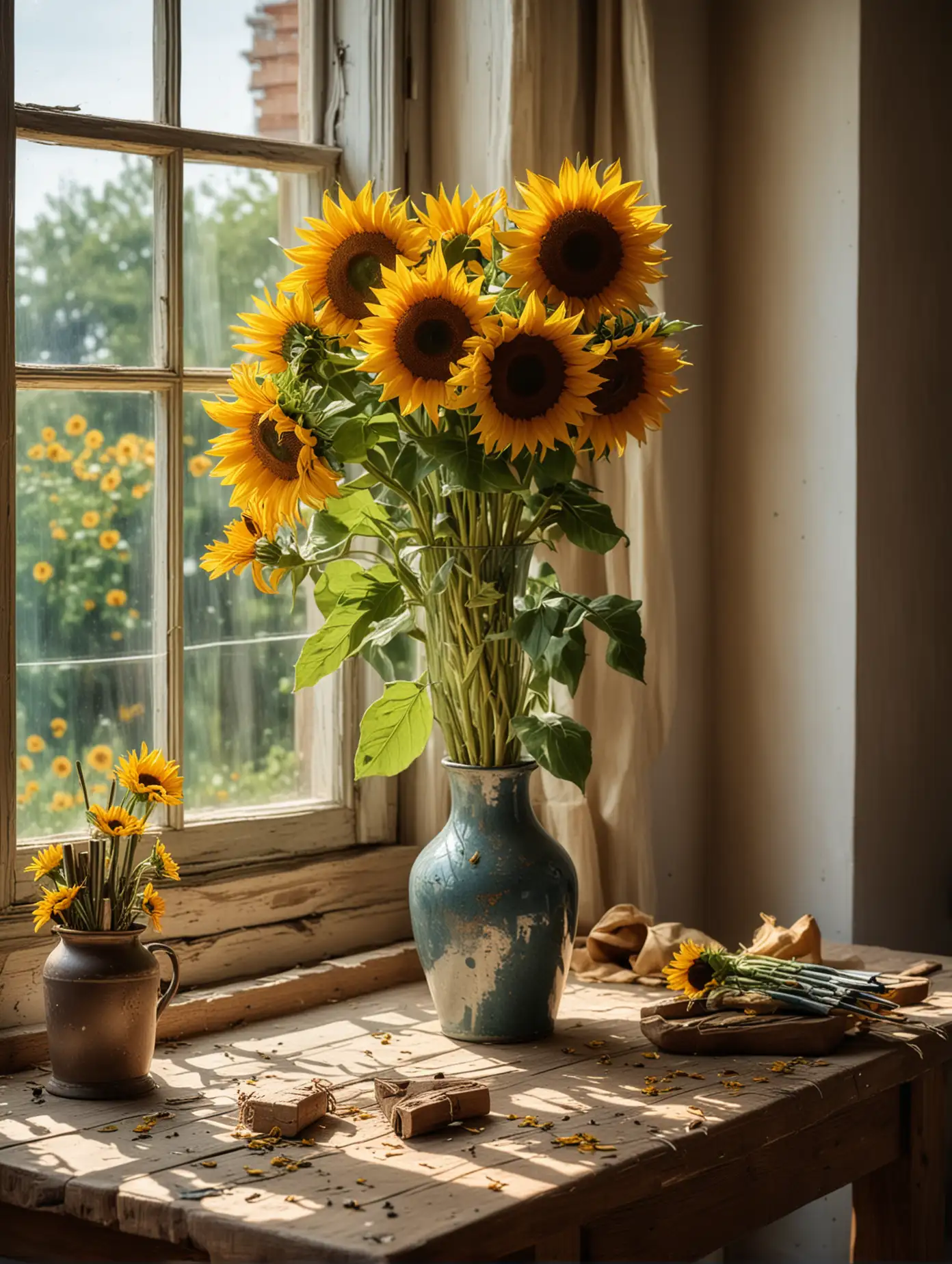 to look like a van gogh painting create a still life of vase with sunflowers in a country living room on an old wooden table with cutting accessories and a 3 sunflower stems lying alongside the vase behind a large window and showing the a sizeable portion side wall allowing for the sunlight in the morning