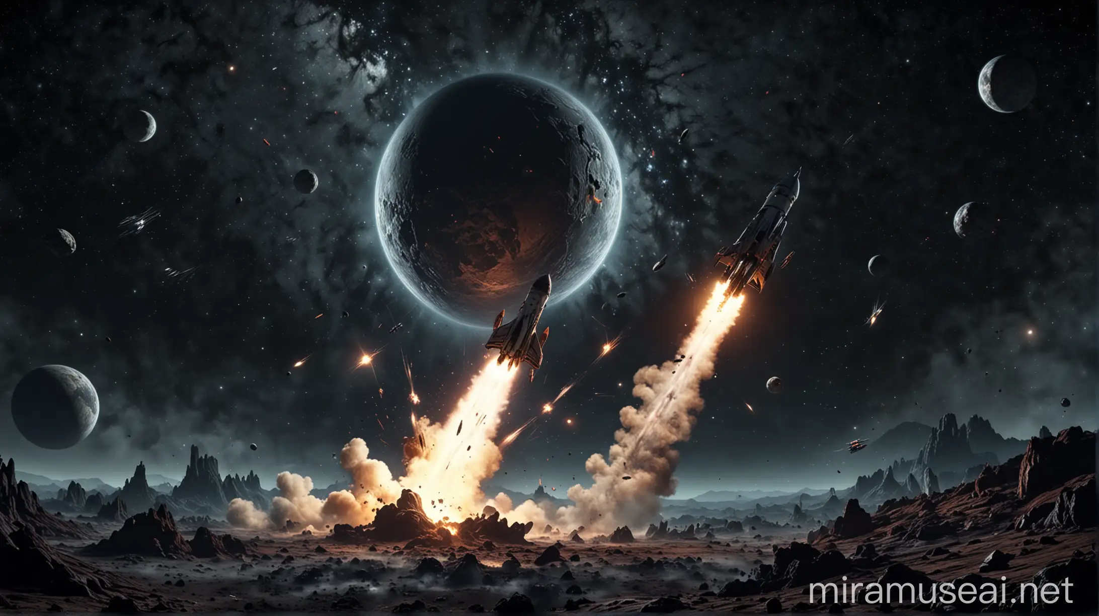 Fantasy Rockets Exploring a Desolate Planet Under a Starry Sky