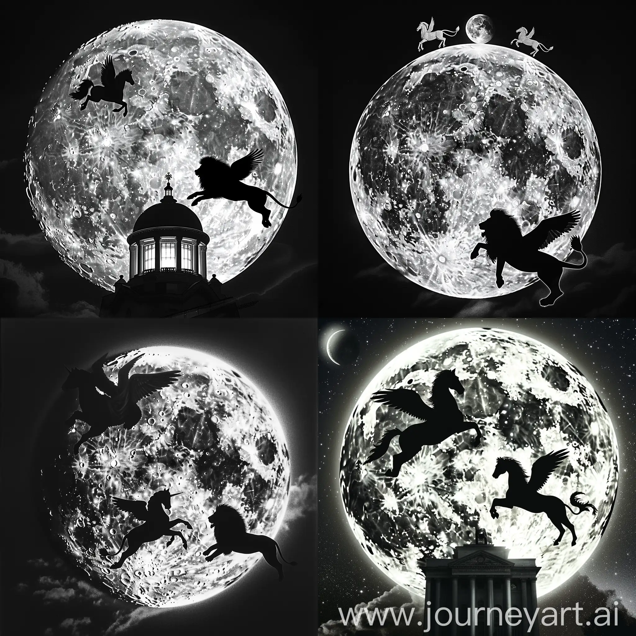 bright night, full moon in the centre from above, pegasus and lion with wings fly in front of the moon, only their dark silhouettes are visible, from below in the light of the moon you can see the main body of the kpi, dark, realistic, the moon is big and full, Kyiv Polytechnic Institute