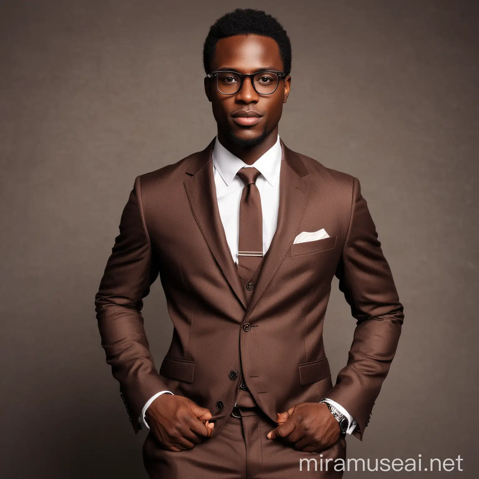 Stylish African American Man in Elegant Chocolate Suit and Glasses