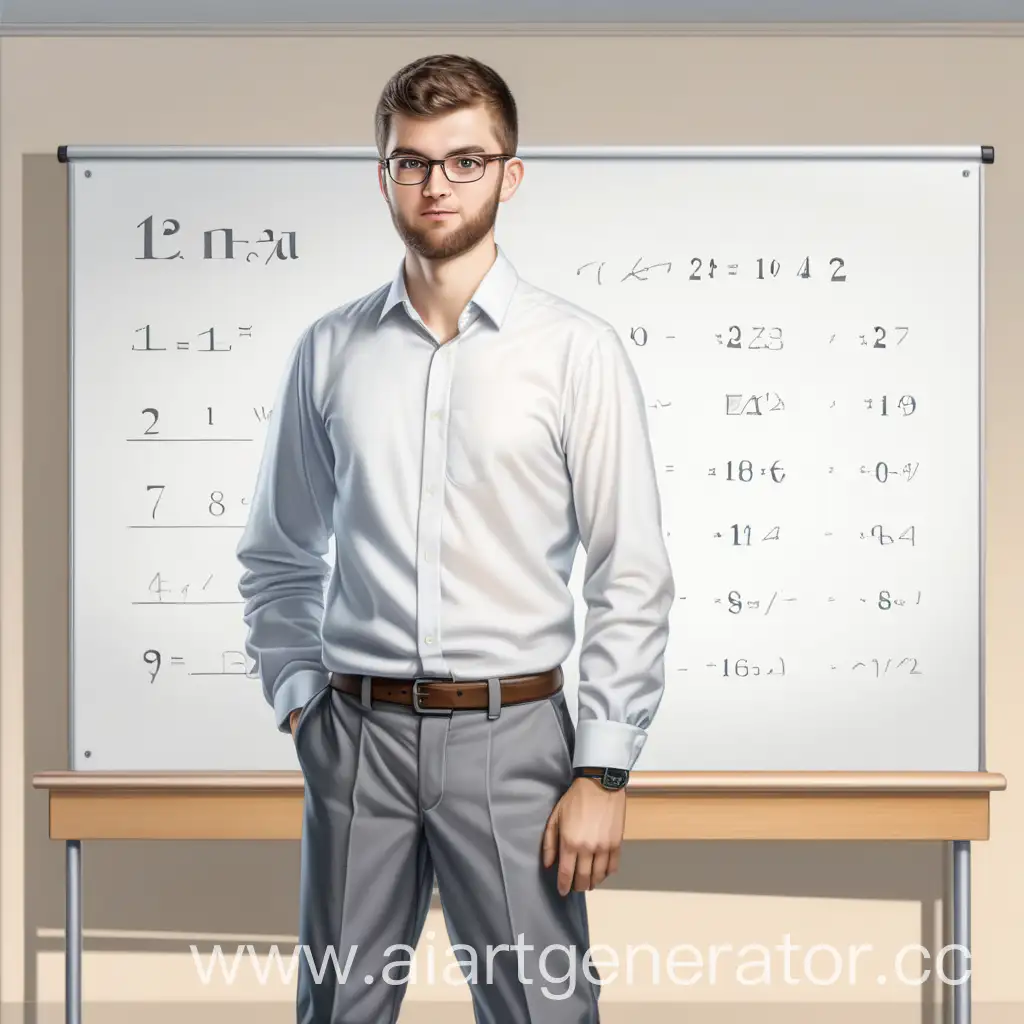 математик лет 40 стоит в белой рубашке и штанах на фоне доски, а вокруг первокурсницы
