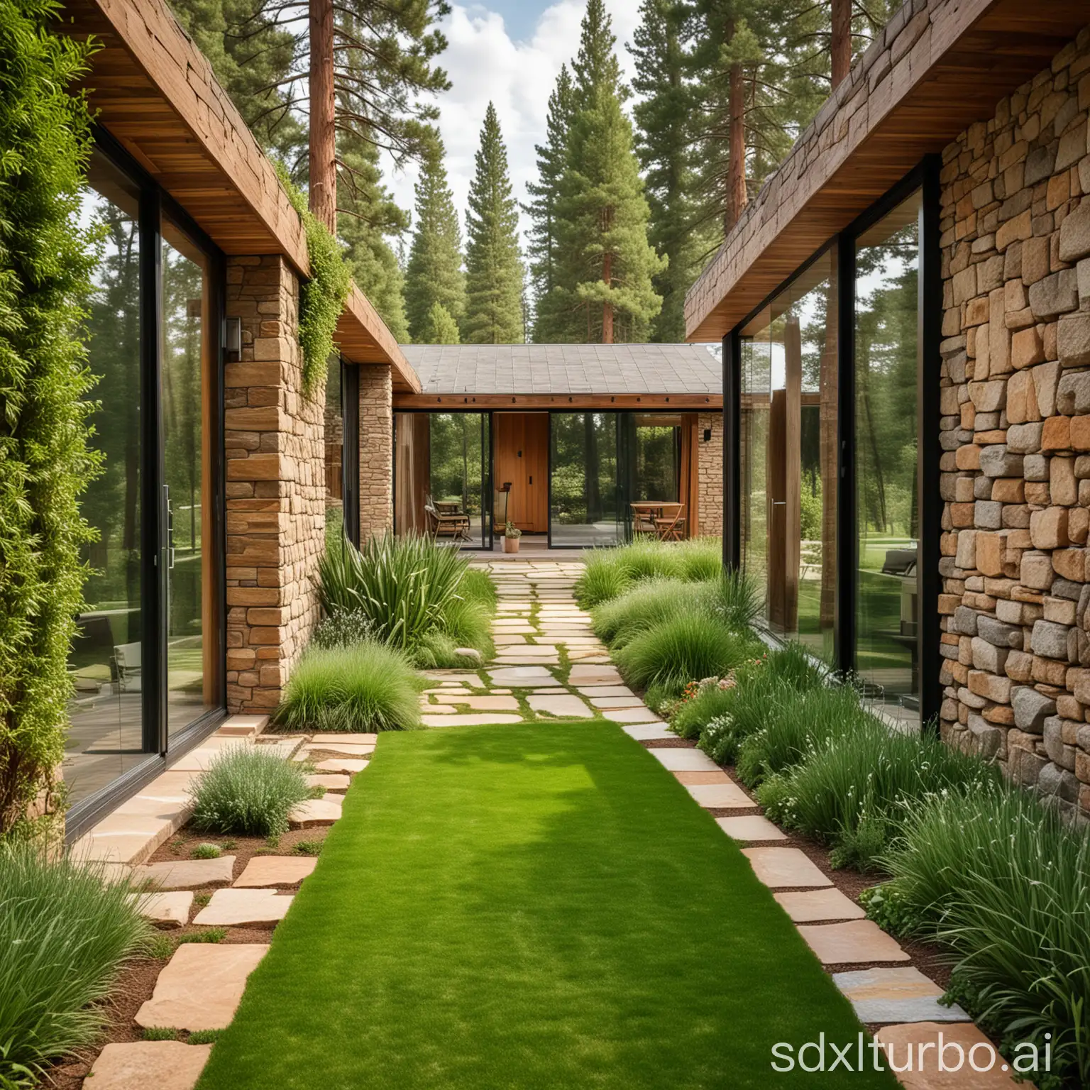 2 eco friendly houses connected by a glass corridor full of plants, stone and wood as main materials, surrounded by beautiful green grass and some sequoias, sharp focus, no blur, perfect lines, perfect geometry