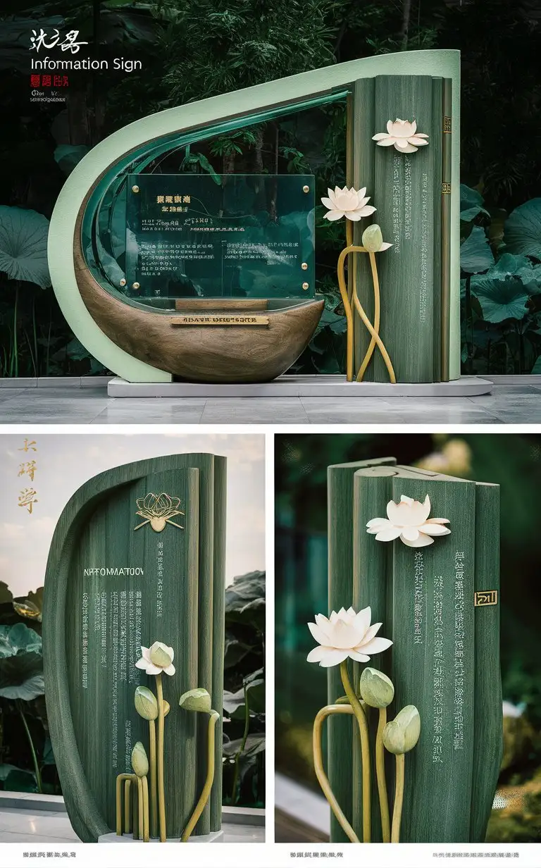 为老年植物公园设计绿色棕色木质信息标志，信息标志牌上具有玻璃，简约中国风，具有一定禅意和莲花花纹要素，特色，现代风，醉白池，白居易