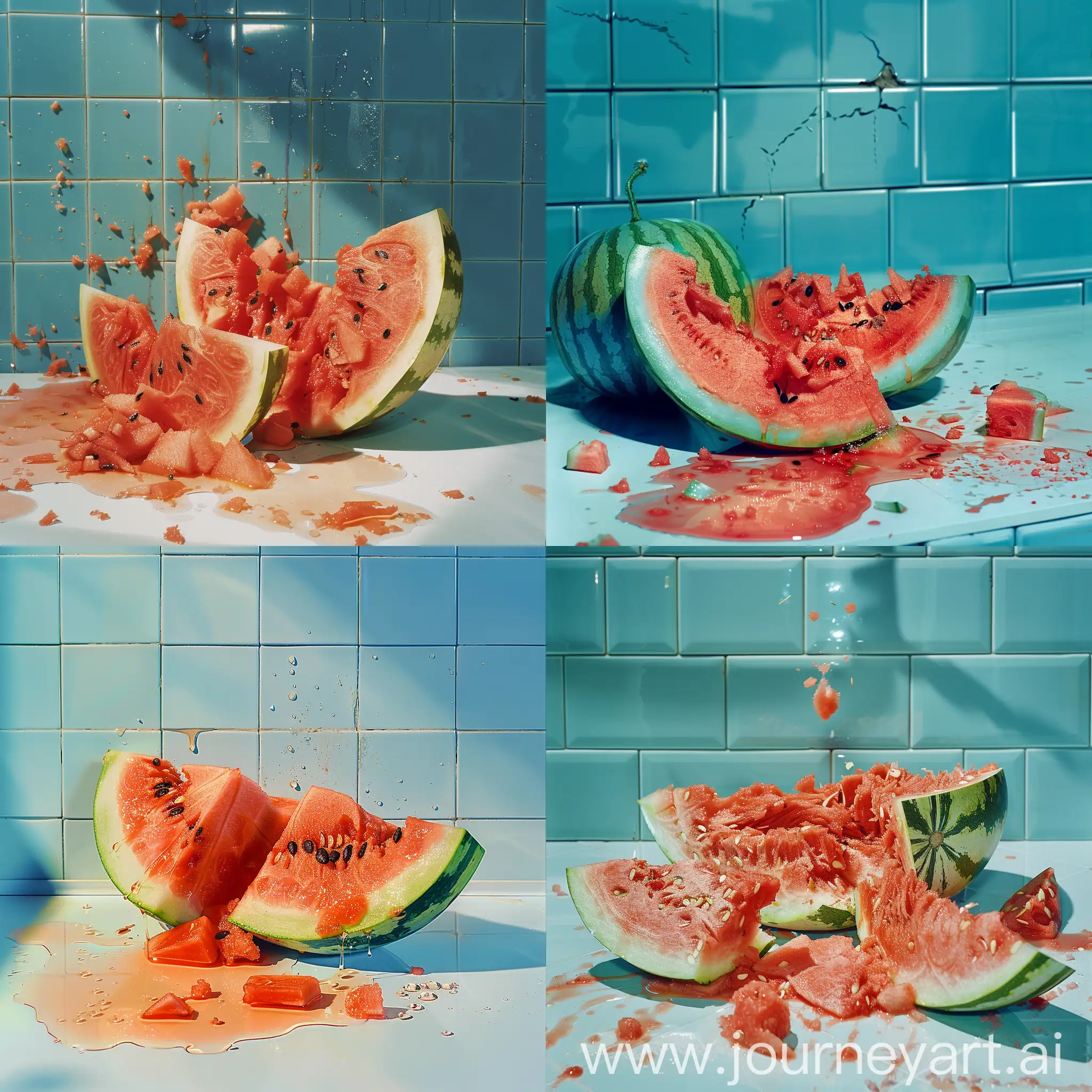Broken-Watermelon-with-Pulp-and-Juice-on-White-Table-Against-Blue-Tiles