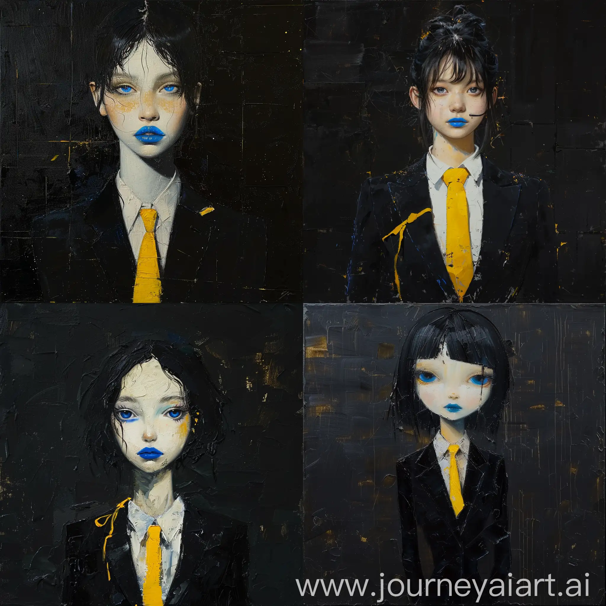 painting  A beautiful girl with black hair, a square, blue lips, stands in a classic black suit, yellow tie painted in oil on a textured canvas, set against a stark black background, striking contrast, fluidity and grace of the traditional figure