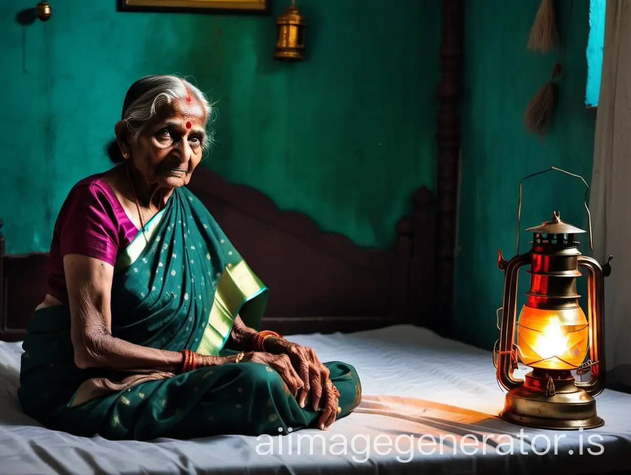 a thin indian old woman aged 90 years old is sitting on bed mattresses in a bed room wearing only a saree on her body and the saree is on her forehead and on a table there is rice and curry , a cat is near hear and a lantern is on the floor, its a luxurious dark room