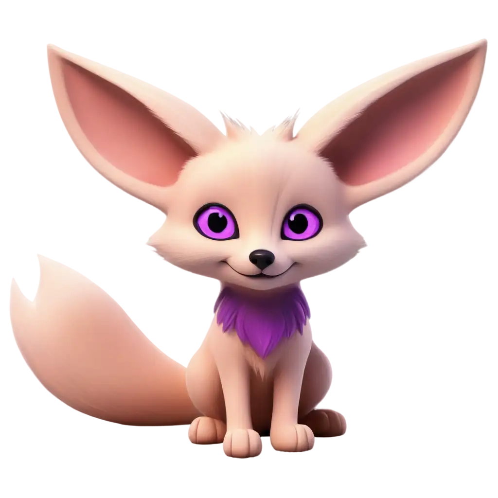 Cute pink cartoon fennec fox with purple eyes sitting