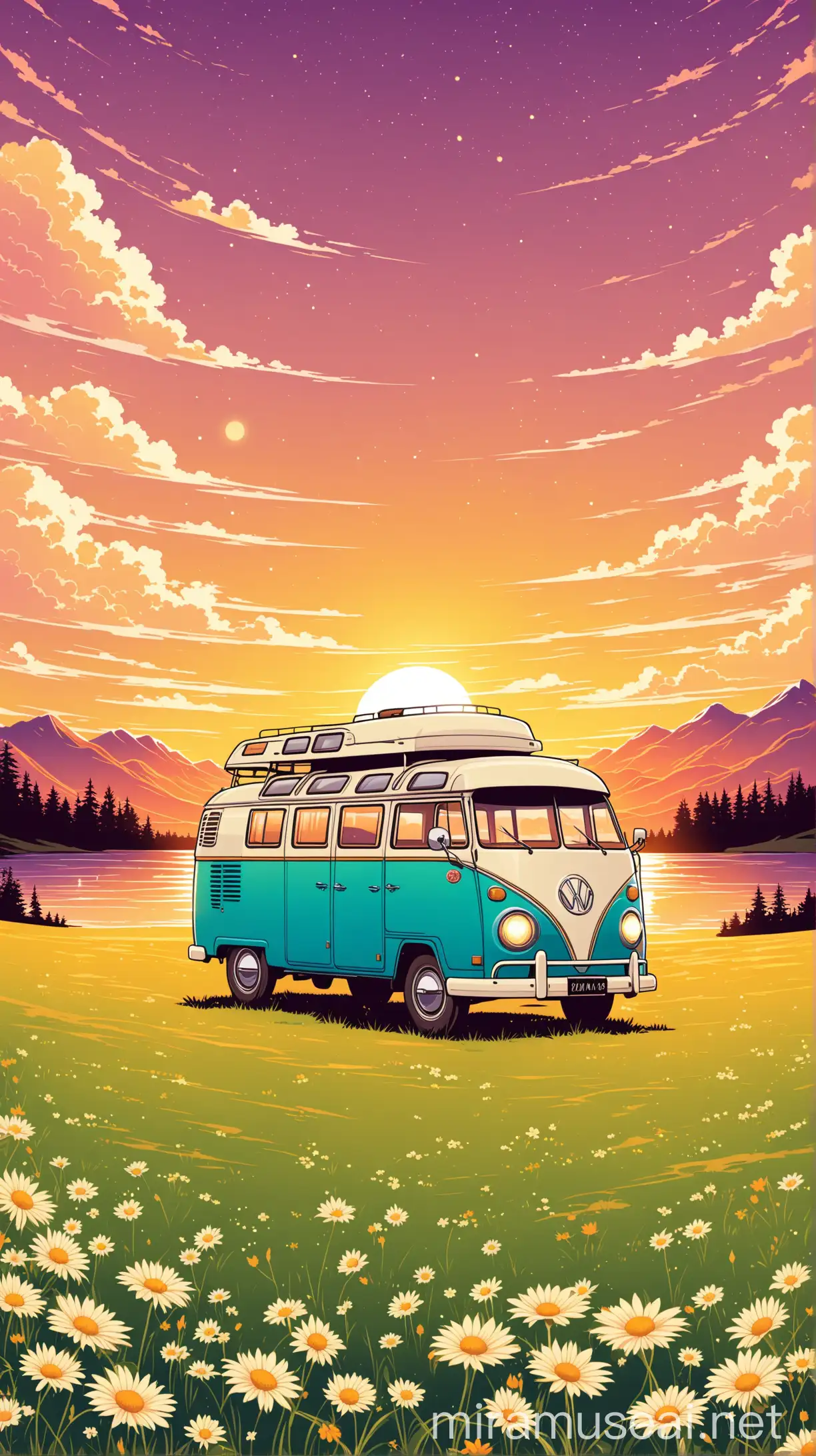 A vintage camper Van, nature, grass flower, aesthetic vector sunset sky