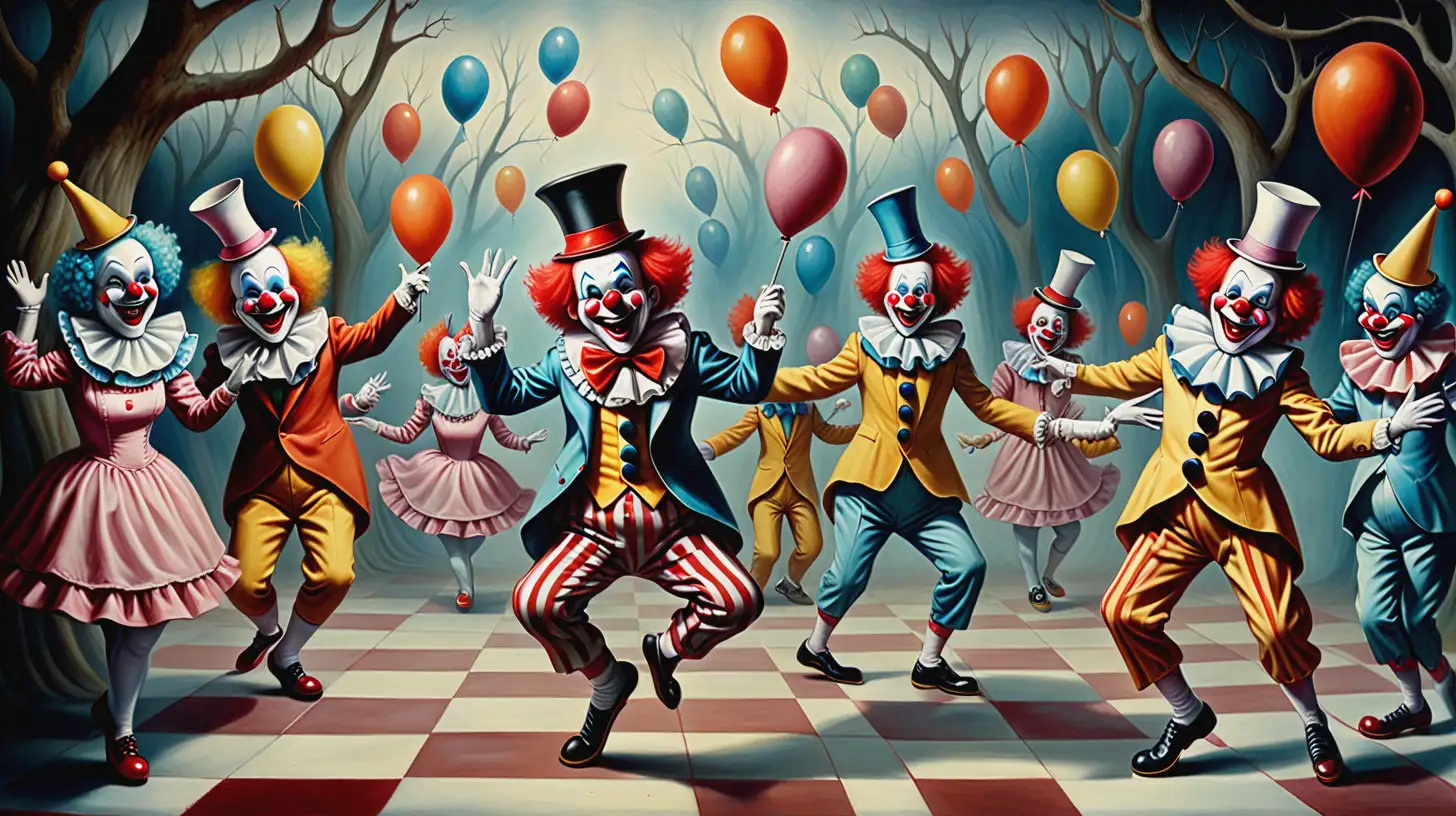 A Surrealism painting of a group of clowns dancing in Wonderland.