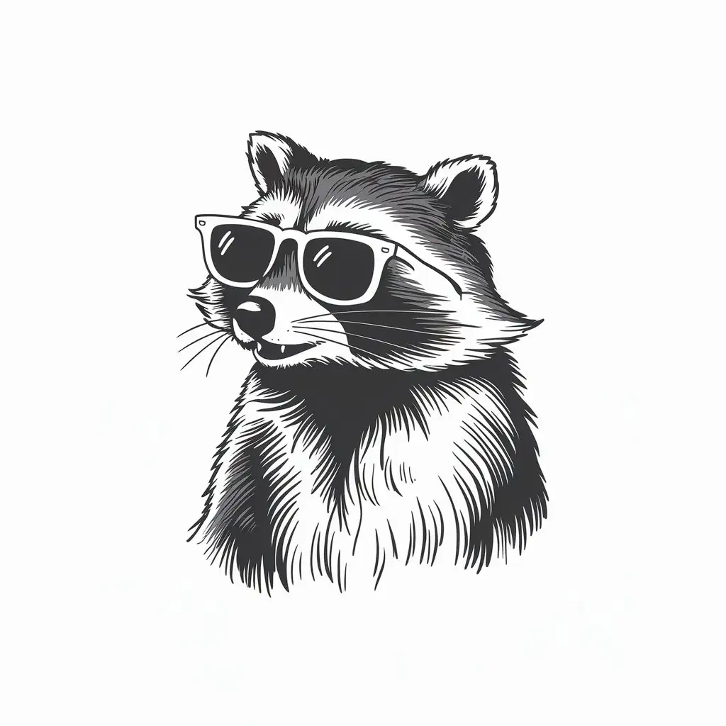 Raccoon Head Sideview Clipart with Sunglasses on Fine Line Art Vintage Style