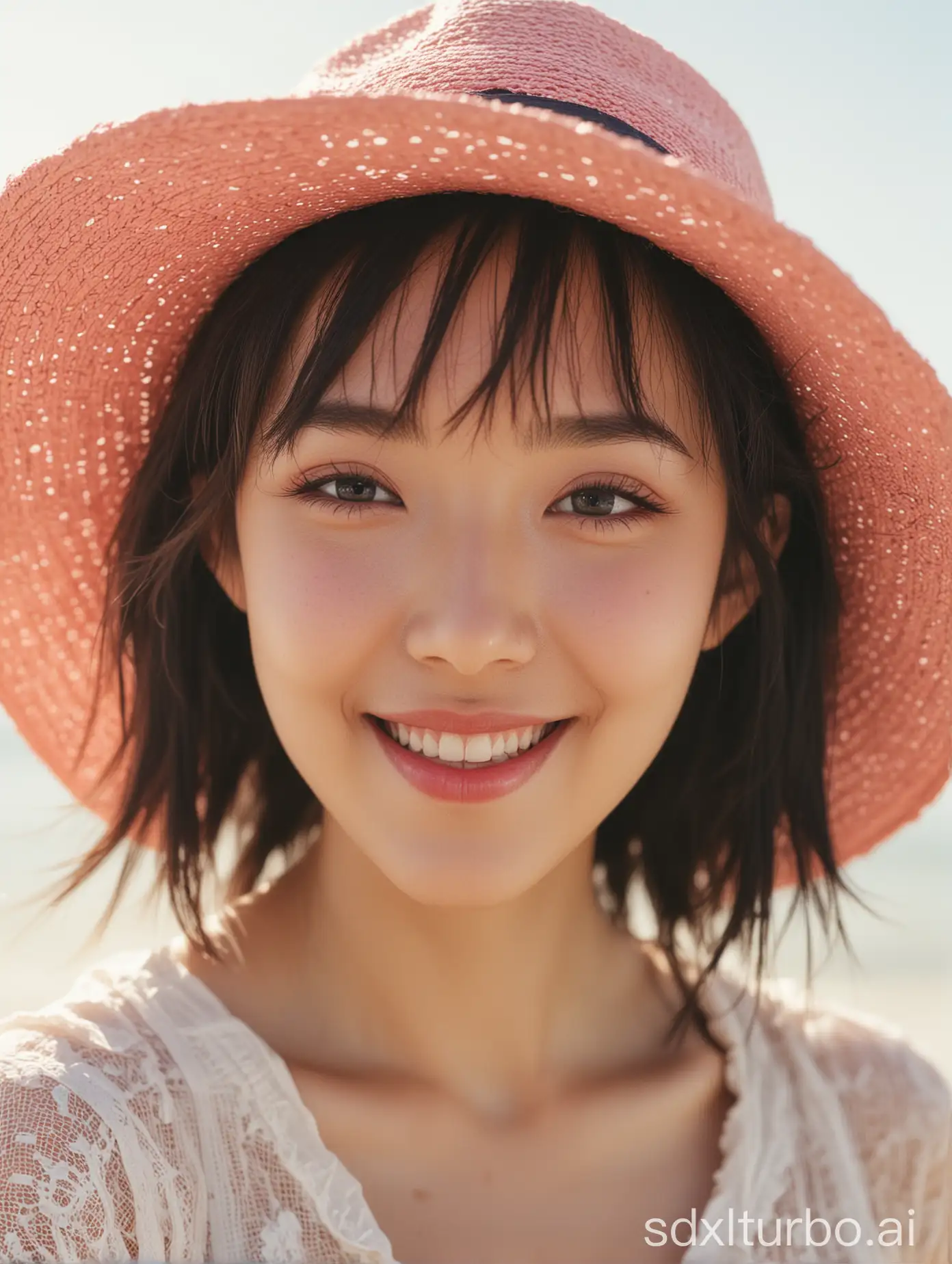 Portrait of a beautiful Aragaki Yui in a hat, smiling, with light red powder blusher, summer outfit, in a close up shot, with sunlight, outdoors, in soft light, with a beach background, looking at the camera, with high resolution photography in the style of Hasselblad X2D50c --ar 85:128 --v 6.0 --style raw