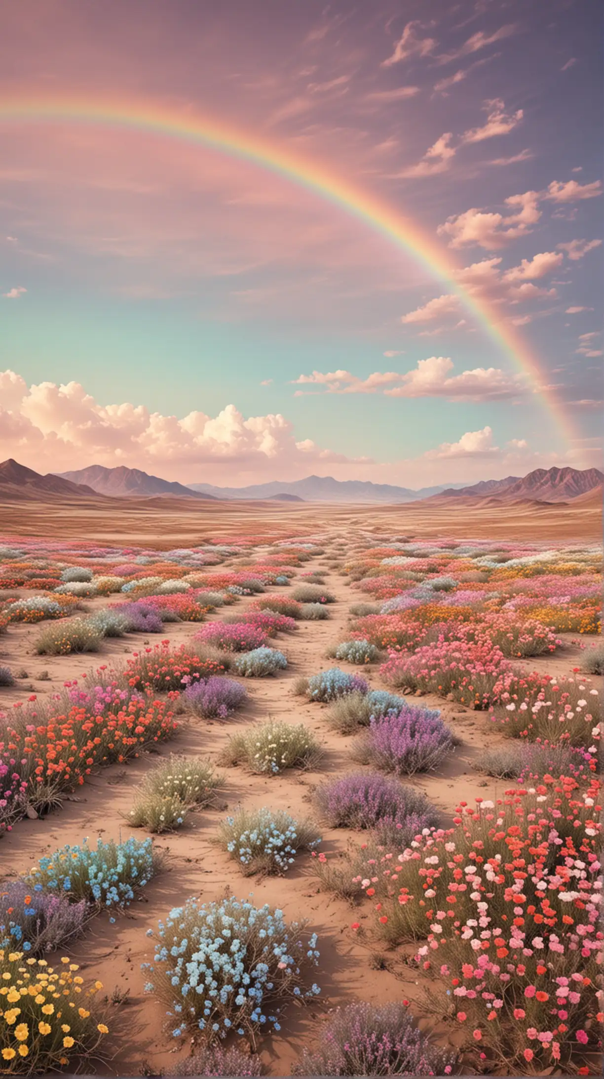 Contrast of Desert and Rainbow Flower Field Journey from Dark to Bright