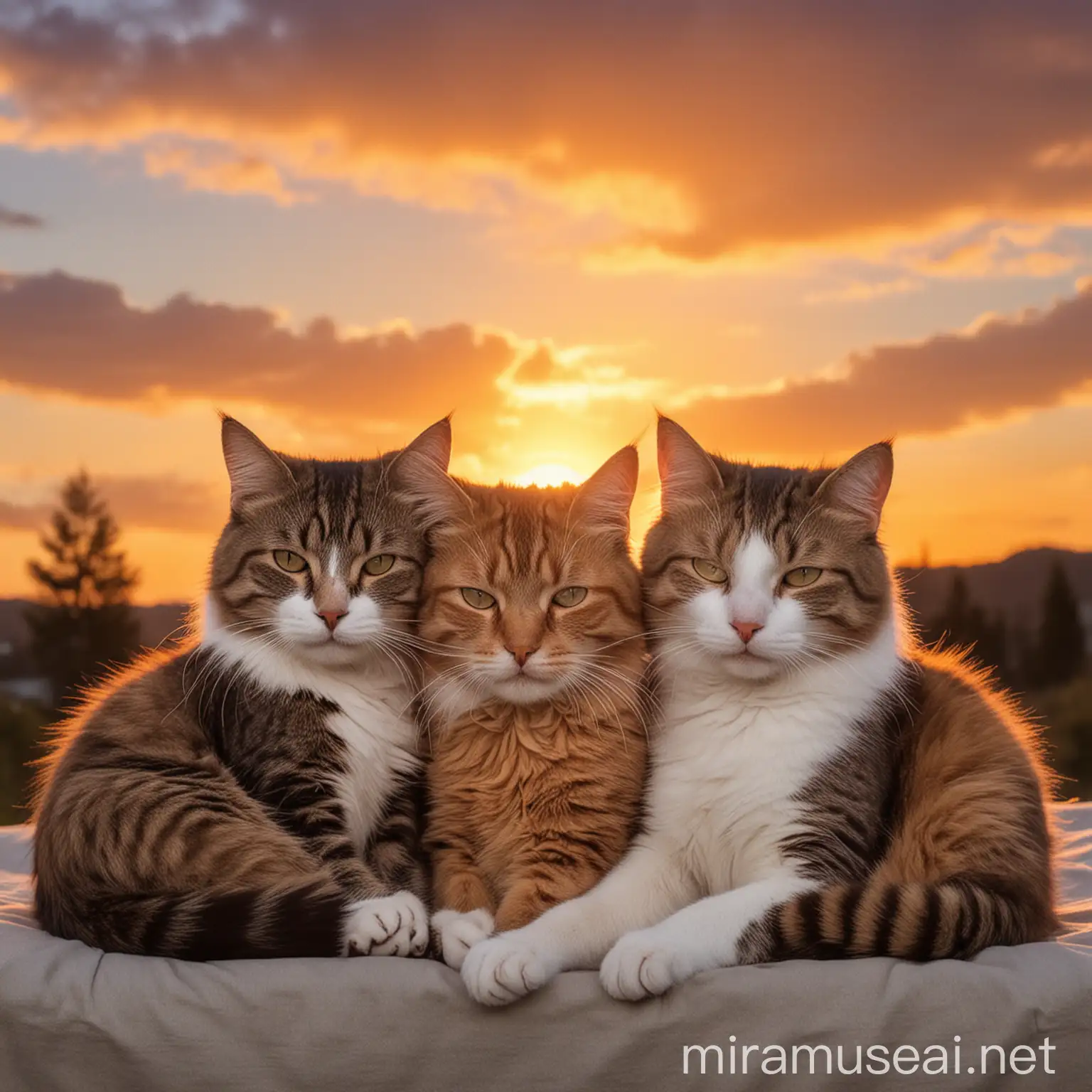 Cats Cuddling at Sunset Adorable Feline Affection in the Glow of Dusk