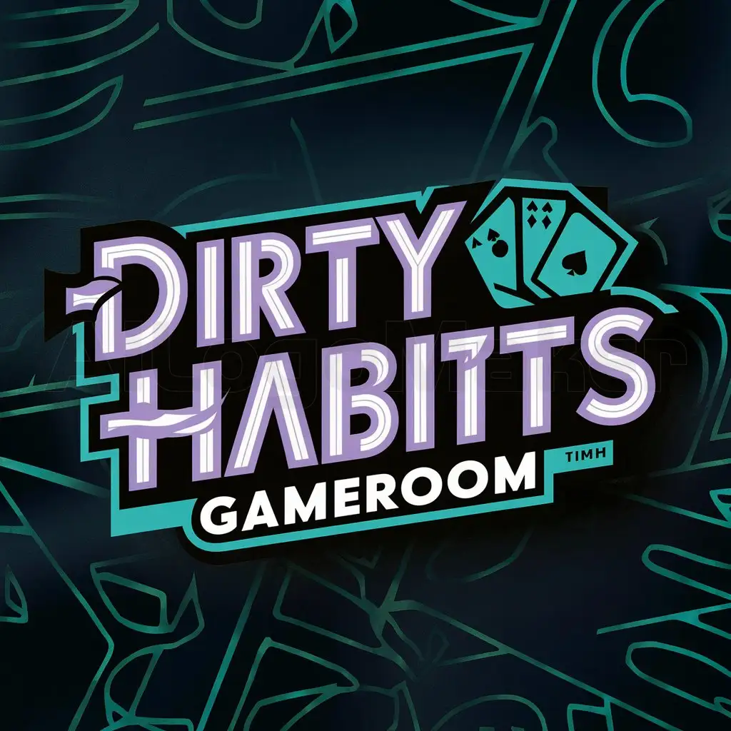 a logo design,with the text "DirtyHabits Gameroom", main symbol: "The 'DirtyHabits Gameroom' logo is a unique and eye-catching design for an online casino slots brand. It features a bold, bright neon purple primary color, a deep, retro teal secondary color, a custom-designed font with bold and playful lines, and a stylized Playing Cards with a retro gaming aesthetic. The logo effectively communicates the brand's playful, fun, and bold personality. Some potential design elements to explore further include adding visual interest to the dice icon, creating depth through shading or shadow effects, and experimenting with different font styles. Overall, the logo is effective and attention-grabbing." (No translation required as input is in English),complex,clear background