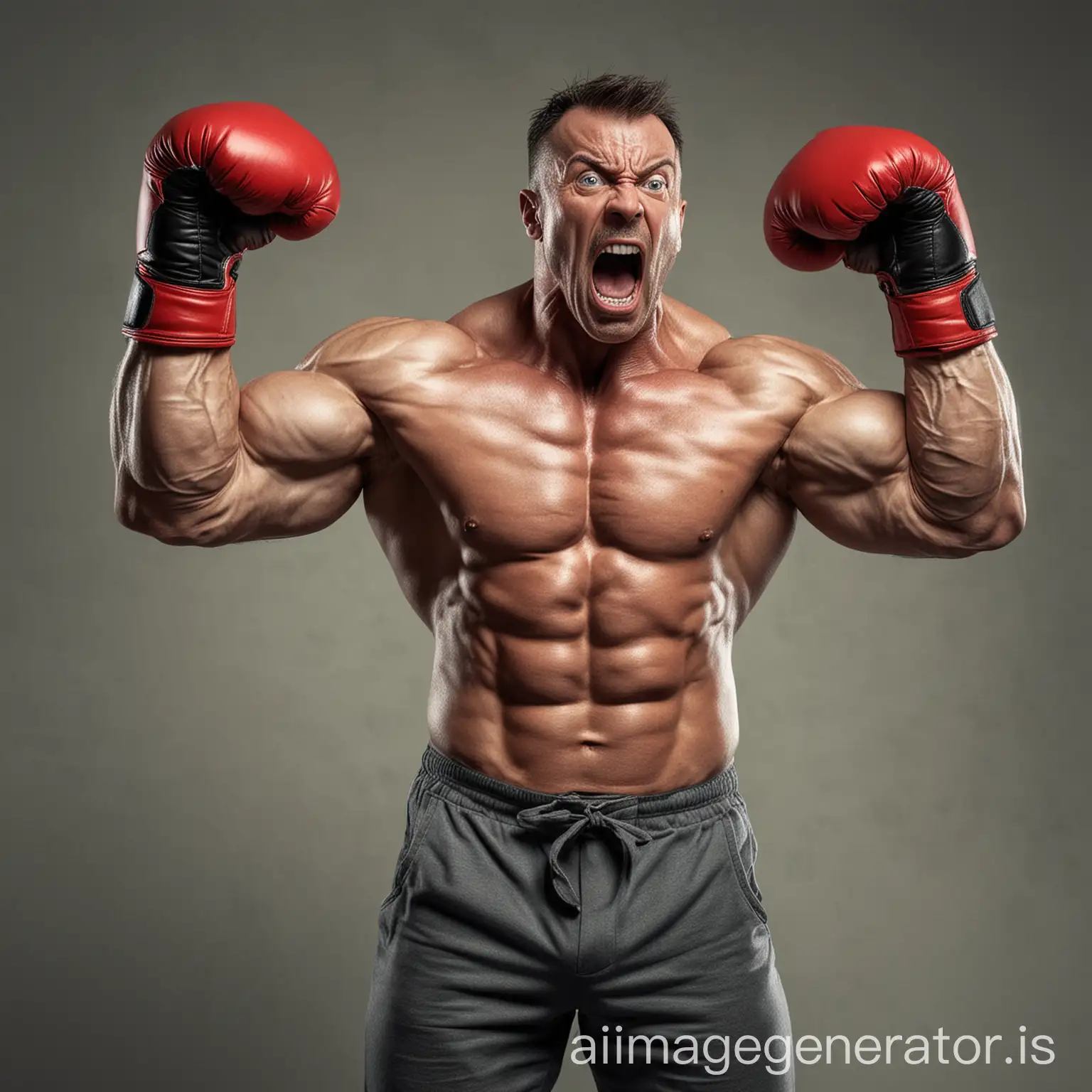 realistic bodybuilder dad doing the most muscular pose in front of him wearing boxing gloves and screaming because hes about to fight someone and wants to scare them, 