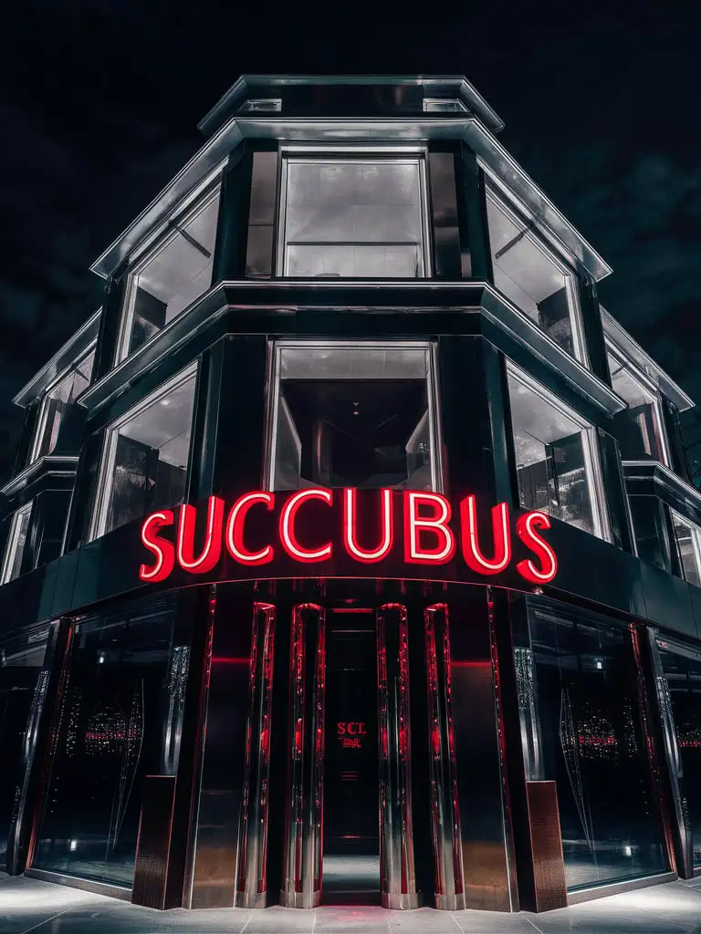 luxury nightclub exterior, at night, modern, glass, 4 floors, name "Succubus" in red neon lettering