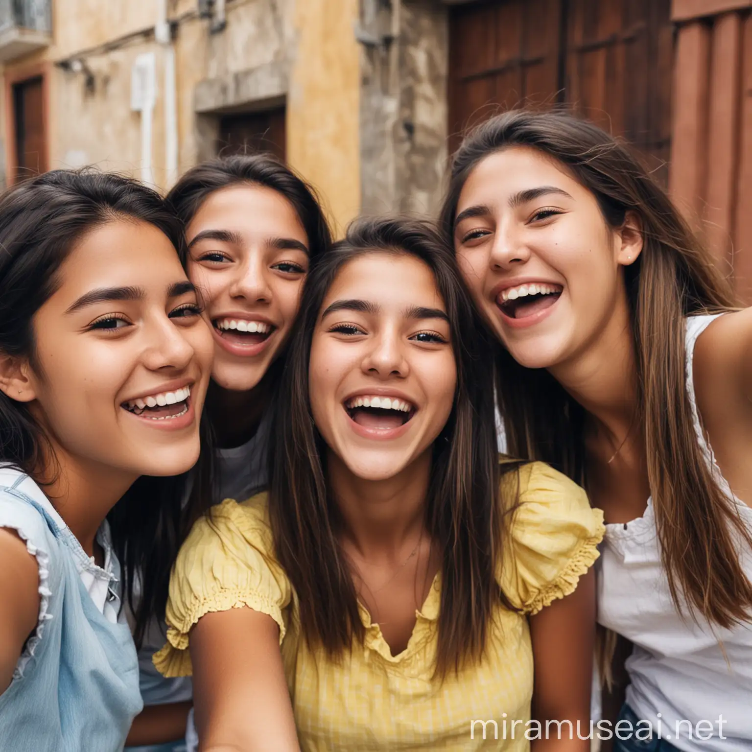 colombian teenager girl taking selfie with her friends laughing