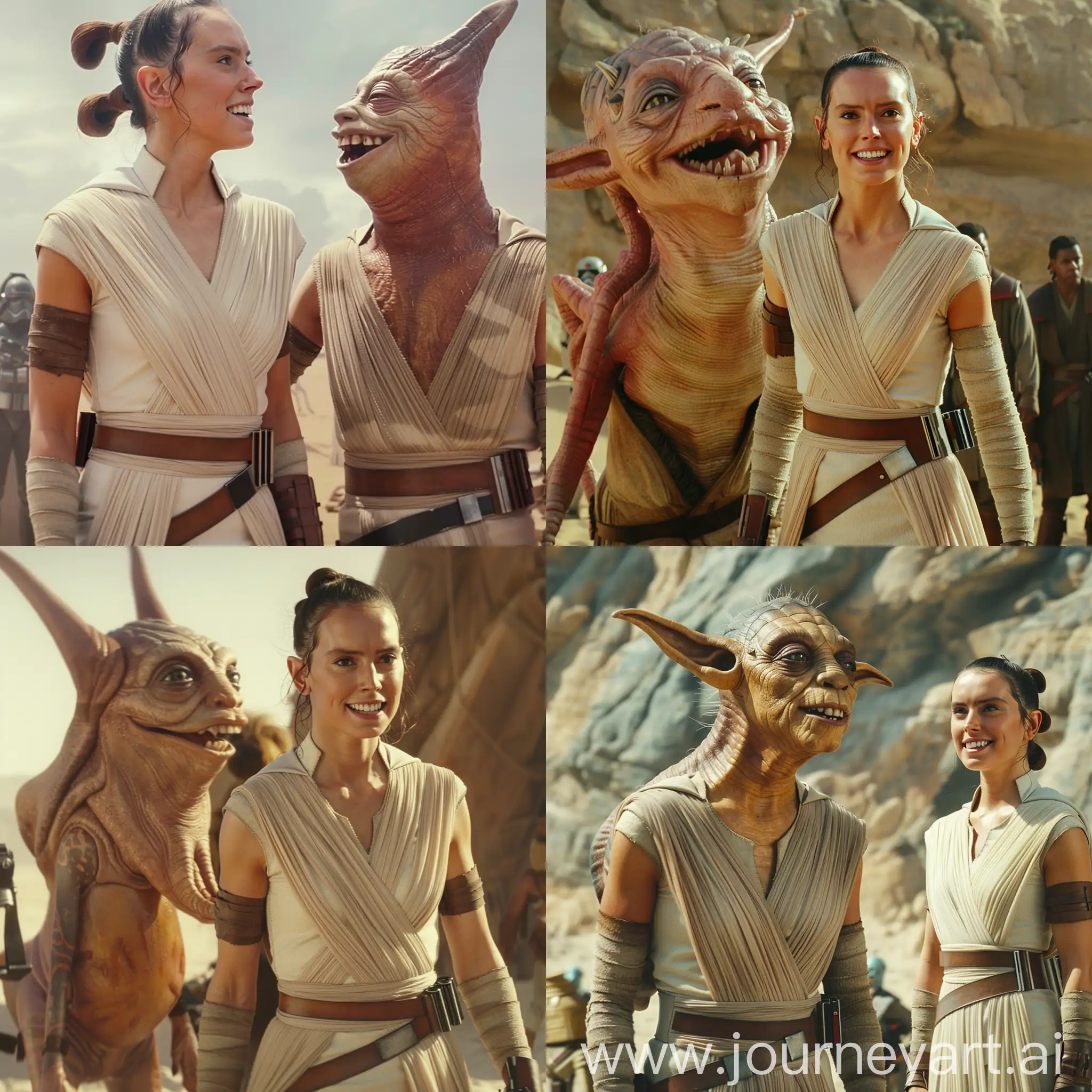 Cinematic Still film scenes of New Movie of Star Wars, Rey skywalker and Jar Jar Binks, everybody Very Happy, 8k resolution cinematic image realistic