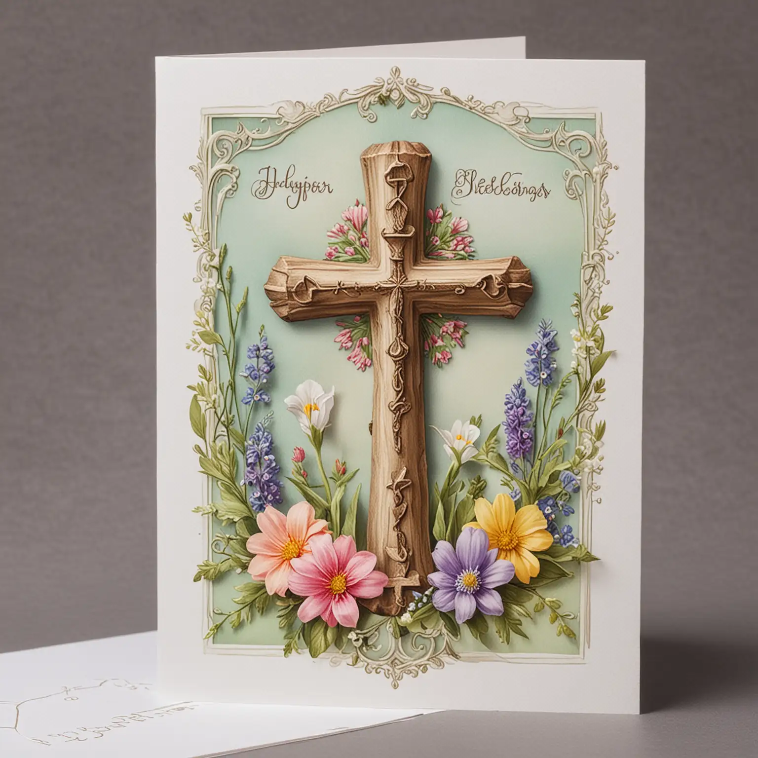 Easter Card with flowers, cross and a small chalice.  Wording on top of card Easter Blessings.
