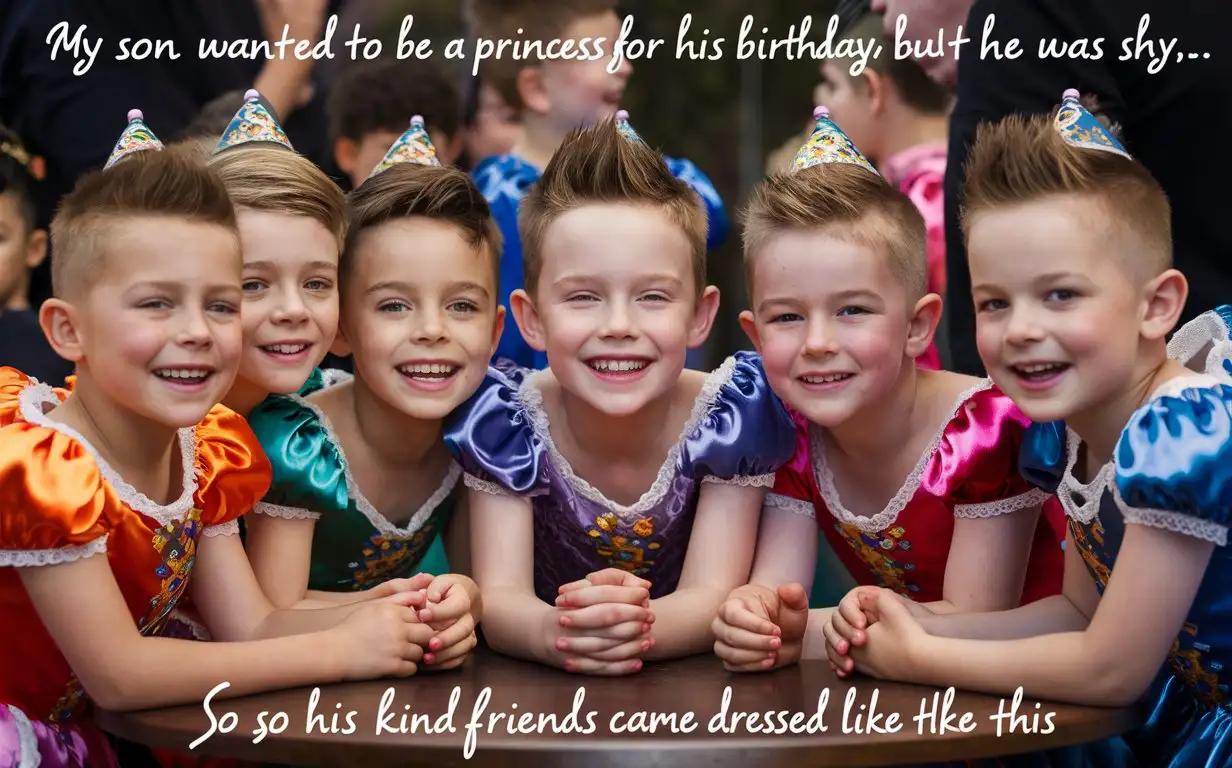 Gender role-reversal, photograph of a shy cute little 6-year-old boy with short smart spiky hair, the boy wants to wear a Snow White Princess dress for his birthday but he is too shy, until a group of little boys with short hair are wearing colourful princess dresses, sitting round a table together, adorable, perfect faces, perfect faces, clear faces, perfect eyes, perfect noses, smooth skin, the photograph is captioned above “my son wanted to be a princess for his birthday but he was shy...”, the photograph is captioned below “so his kind friends came dressed like this.”