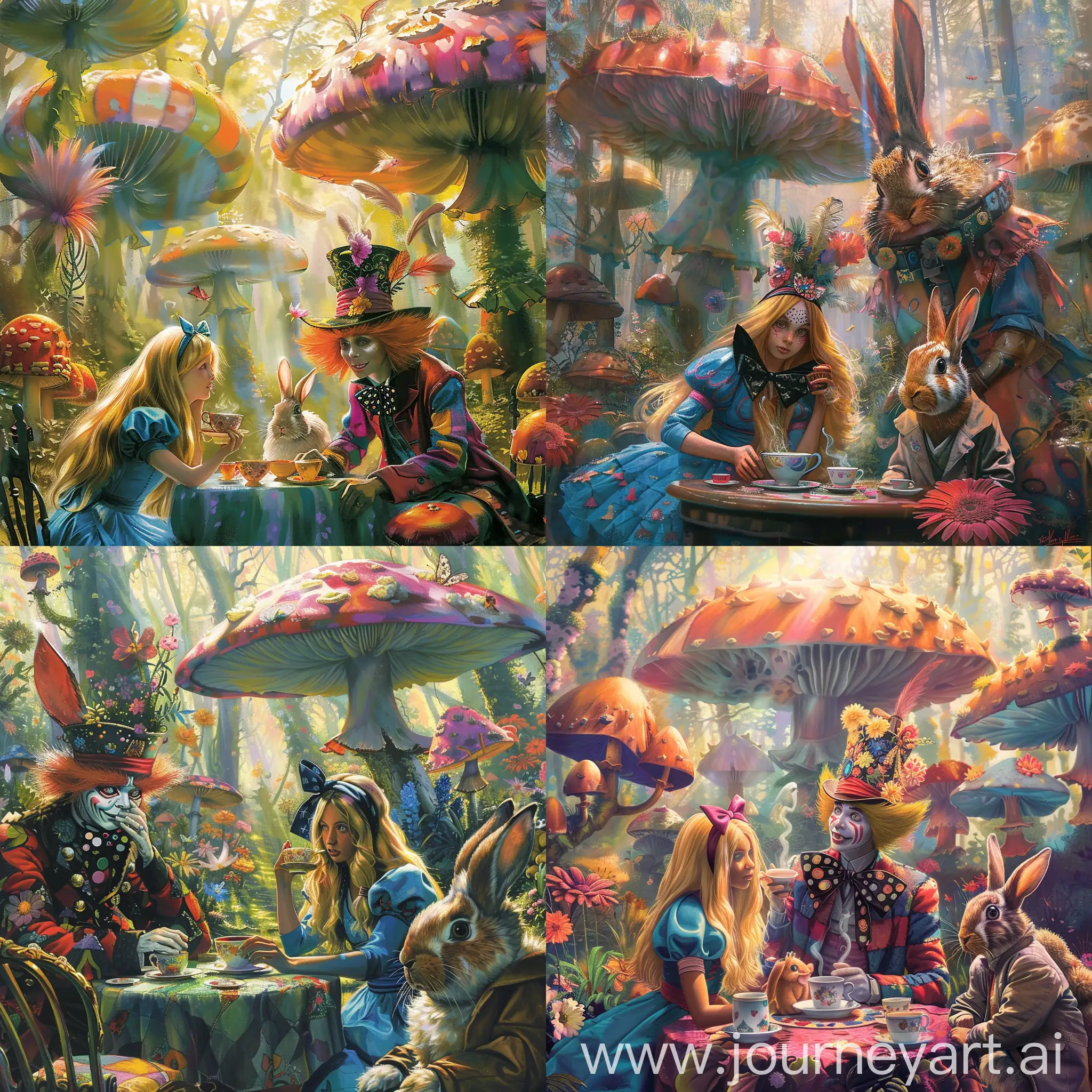 Alice drinking tea with the Mad Hatter and the March Hare in a psychedelic forest full of giant mushrooms and talking flowers, bright colors, fantasy style, sun shining, cheerful mood, high quality, high detail, Alice girl with blond hair in a blue dress. She has long hair and a bow on her head. A hatter is a man in a multi-colored suit and bright hair, on his head is a large hat with flowers and feathers. March hare in a jacket. He looks stupid. They all sit at the table and drink tea.