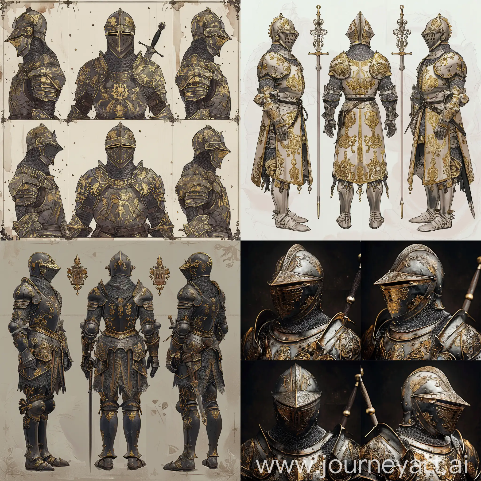 A proud and noble French mercenary knight. He wears magnificent French lamellar armor (interlacing plates) decorated with gold patterns and exquisite details. His head is covered by a helmet with a closed visor, decorated with gold reliefs. Under the brigantines, a chain mail and leather lining are hidden, as well as a visible aketon. In addition, he wears gauntlet bracers, greaves with sabathons, gauntlet shoulder pads and a collar. There is also an elegant sword in the scabbard. He is a duelist with the skills of a field officer. On four sides, the style is drawn