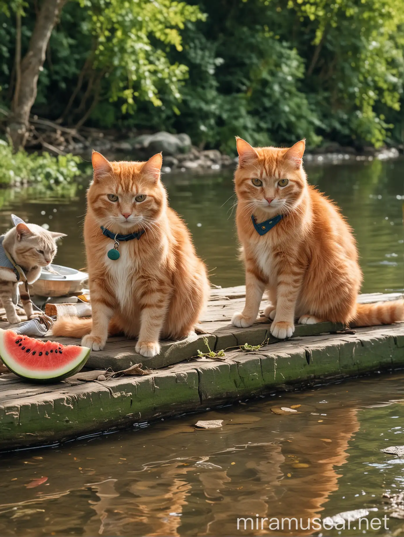 two orange cats wearing casual clothes, camping by the river, eating watermelon