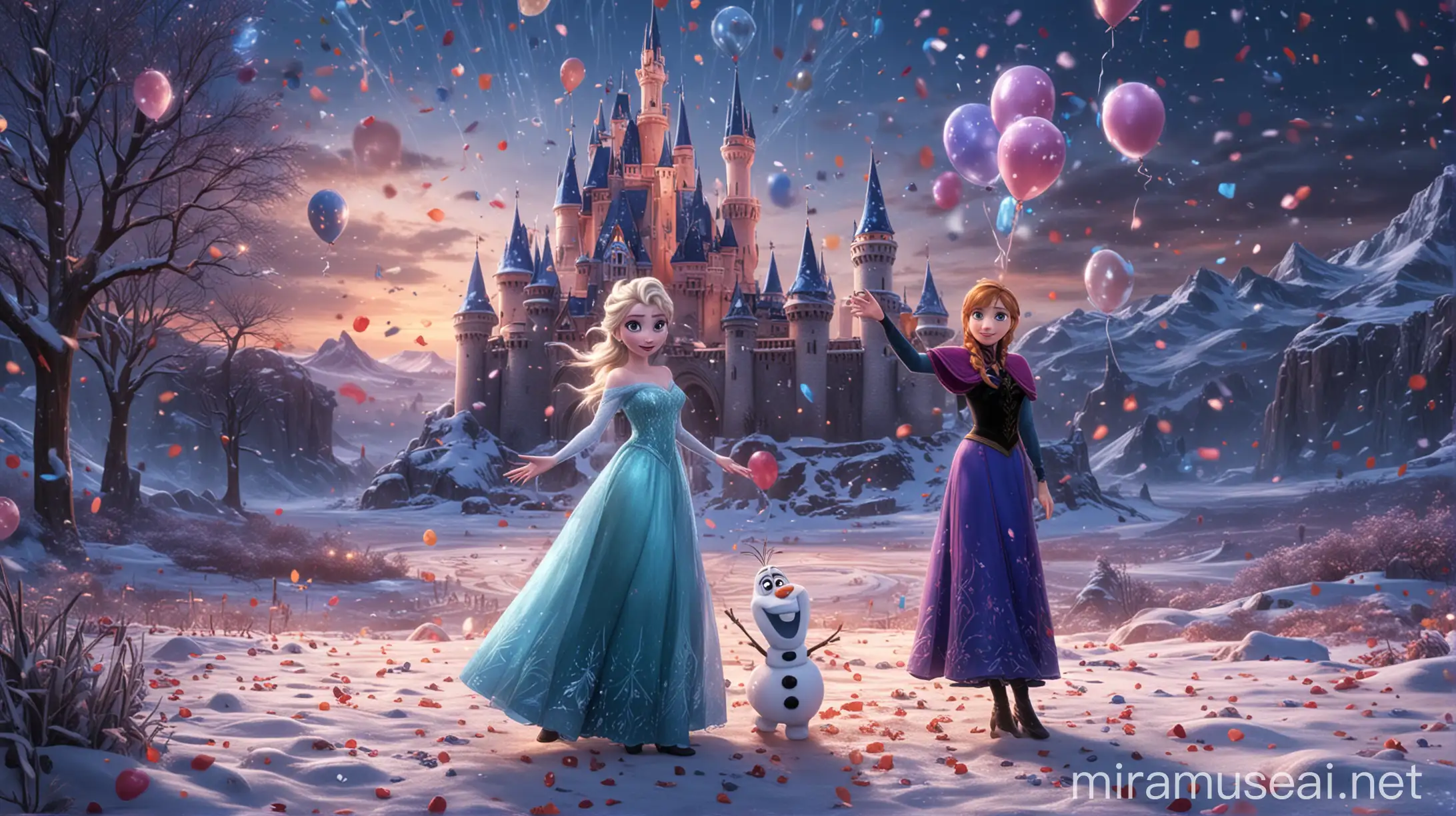 Frozen Princesses Elsa and Anna Birthday Celebration in Snowy Landscape