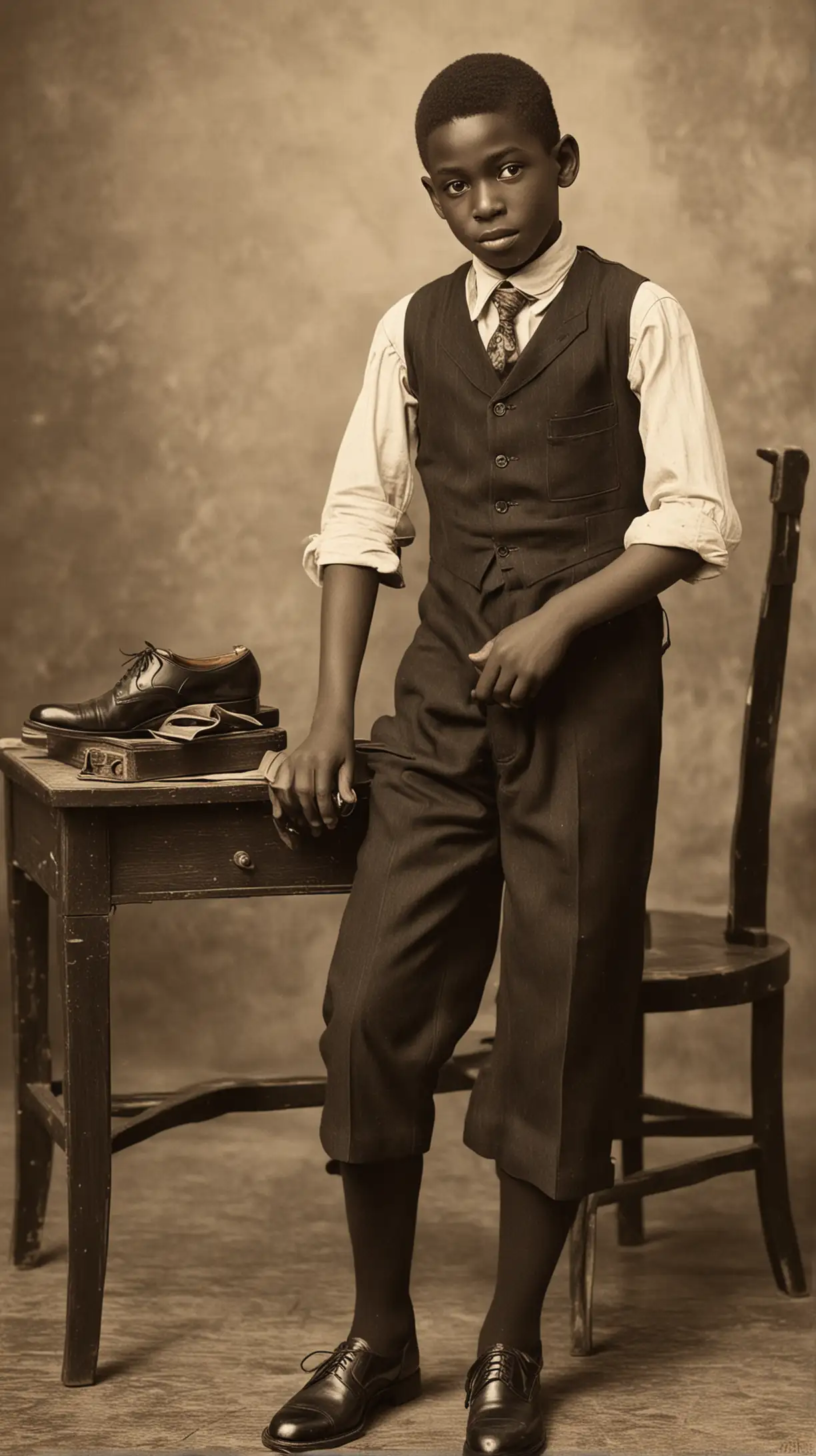 1925 Shoeshine Black Boy Working on Shoes on Busy City Street