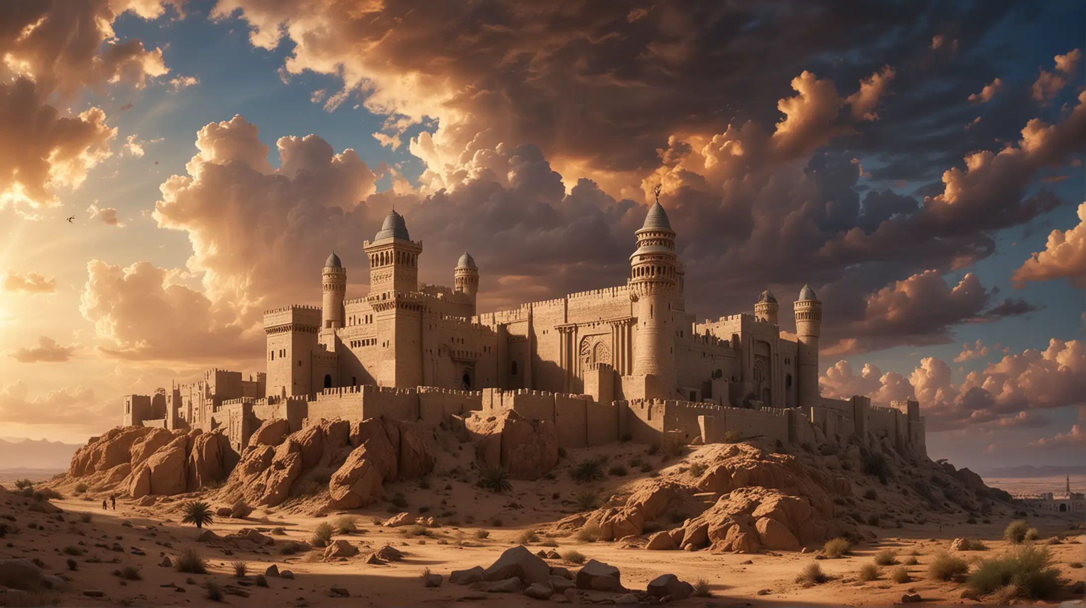 Fortified Desert City with Castle and Jewish Temple Under Magnificent Sky