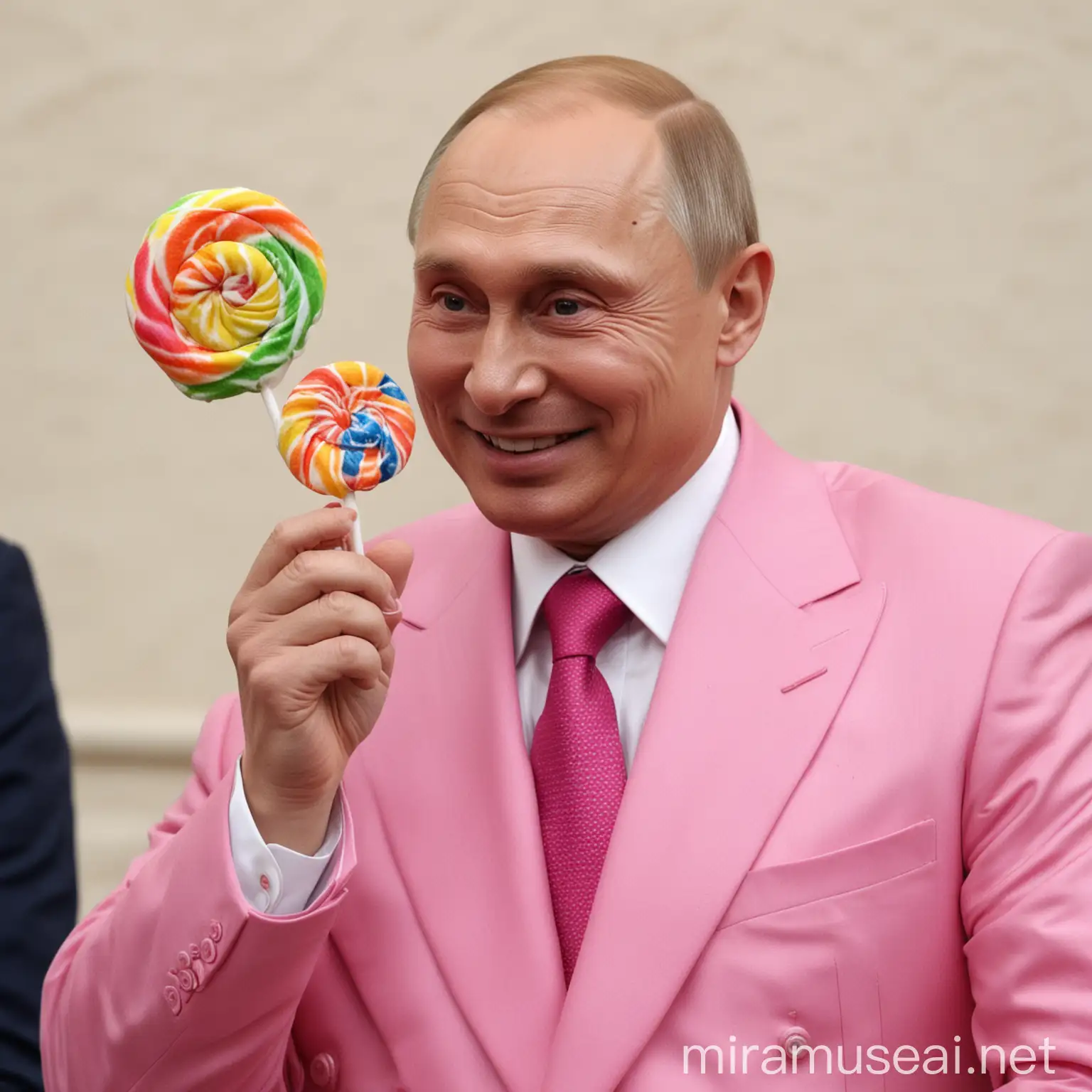 Vladimir Putin wearing a pink suit ,has rainbow pigtails ,smiling sucking on a lolly pop