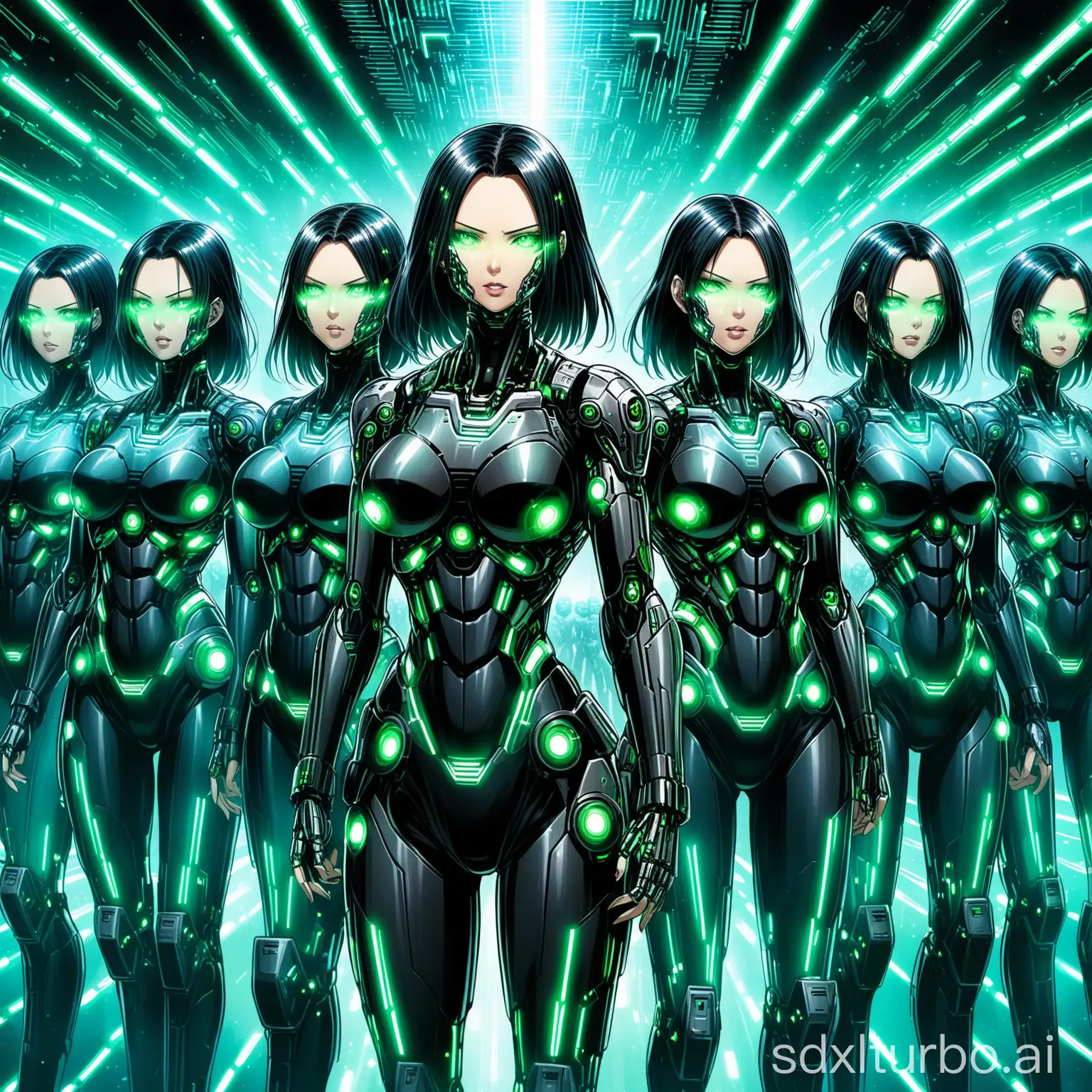 army of serious anime style borg girls, with cybernetic face implants, equipped with energy shields, combats against futuristic human soldiers
