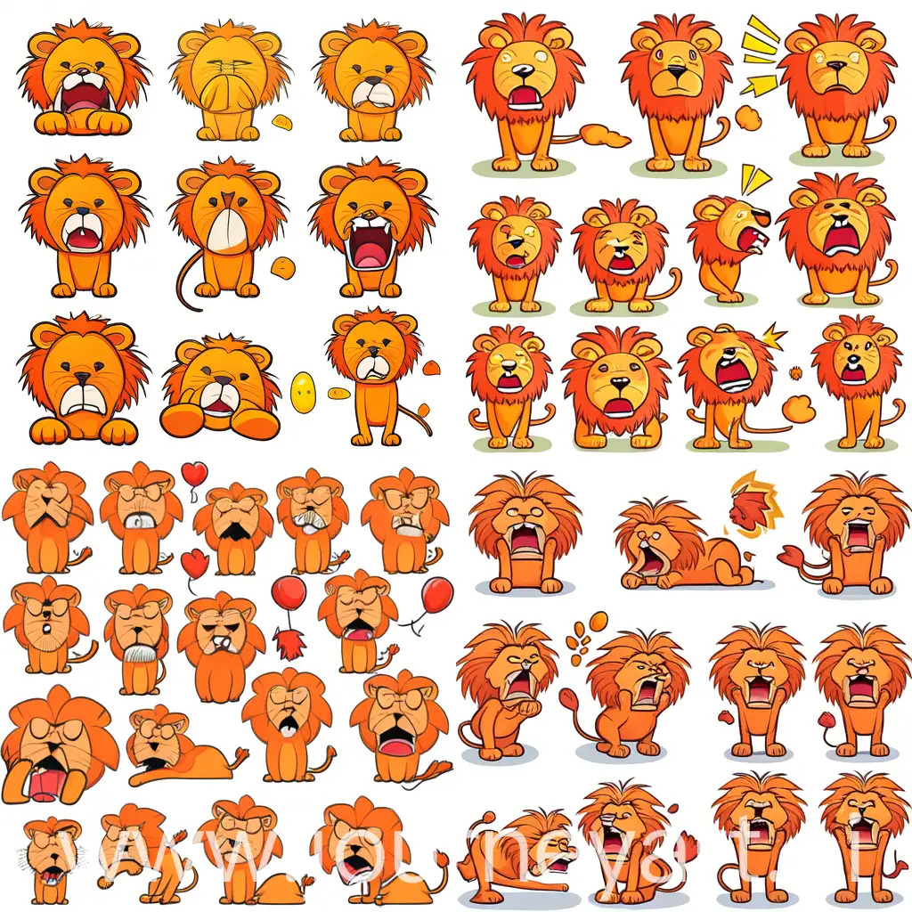 The various expressions of a tangerine-colored lion, showing sadness, speechlessness, excitement, fatigue, happiness, and anger, as an illustration set, with bold comic lines, cute style, stick figure style, dynamic poses, white background, f/64 group, related personality traits, Old Meme Kernel, Chalk –ar 3:4 –s 250 –niji 5 –s 400 –style cute