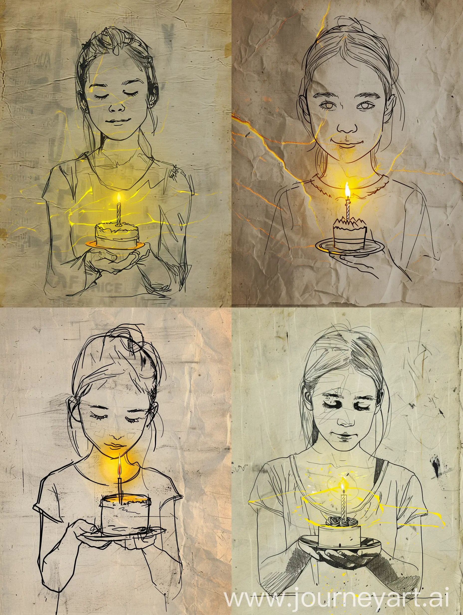 a very simple and minimalist outline sketch/line drawing portrait on old paper depicts a young girl holding a small cake with one lit candle on it. The yellow light from the candle illuminates her face in the drawing, creating the illusion of three-dimensional depth on the minimalist outline illustration. 