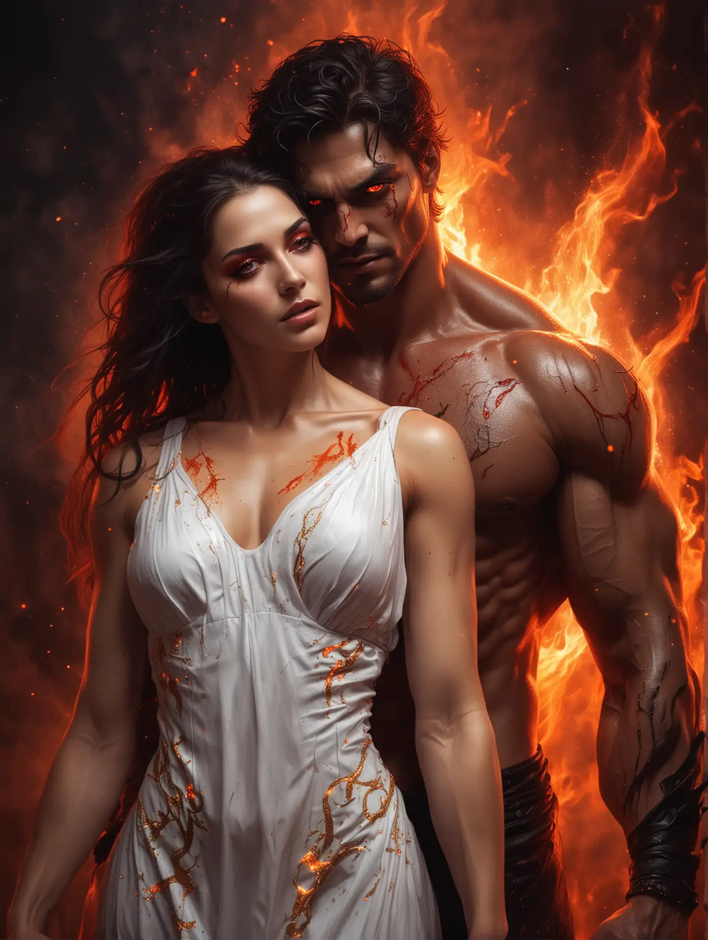 Illustration of a handsome evil incubus man,  he is very muscular, nice abs, he has led red eyes, he is looking intensely at the camera, he is in an embrace with a beautiful woman wearing a short white dress, black and red fog, orange flames, gold sparks, up close