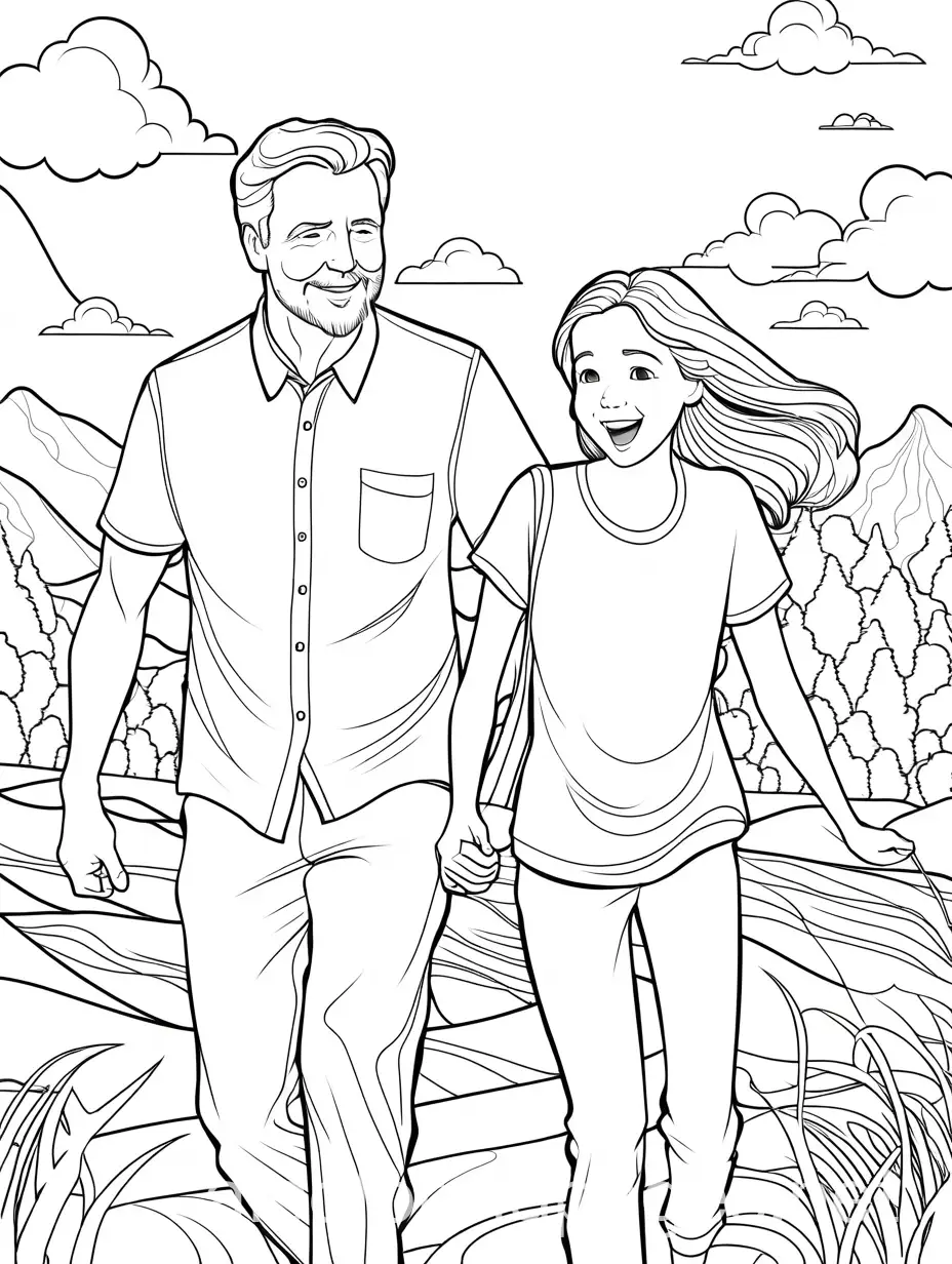 14 year old girl and father having fun. coloring. , Coloring Page, black and white, line art, white background, Simplicity, Ample White Space.