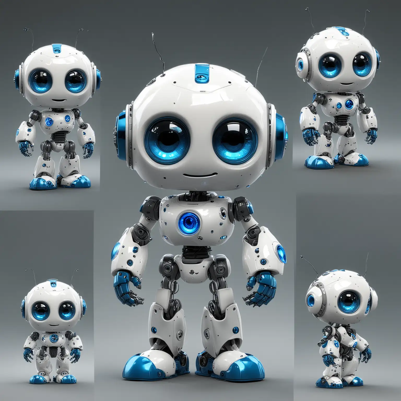 The sam small robot that can fluctute in the air. It has big eyes, its skin is shiny and it's formas are mostry rounded. it looks happy. I want it to look like it is smiling. Make it the same robot, but in 4 different poses. IT has blue eyes, one antena, and its colours ate white and dark blue.