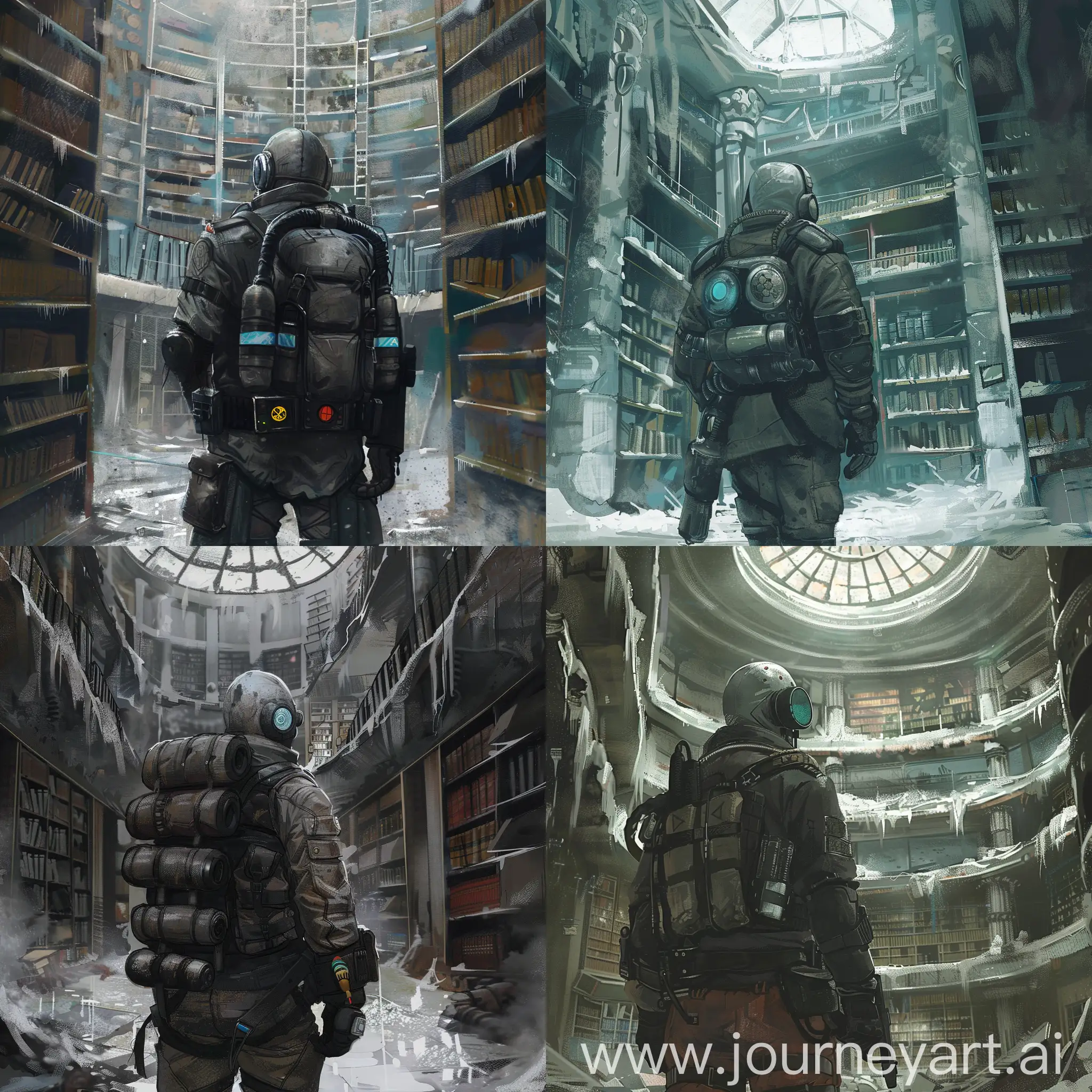Make art of a survivor in the world of the post-apocalypse Metro 2033, a stalker stands inside a large destroyed Lenin library in a destroyed and radioactive winter Moscow, almost all shelves are destroyed or rotted.