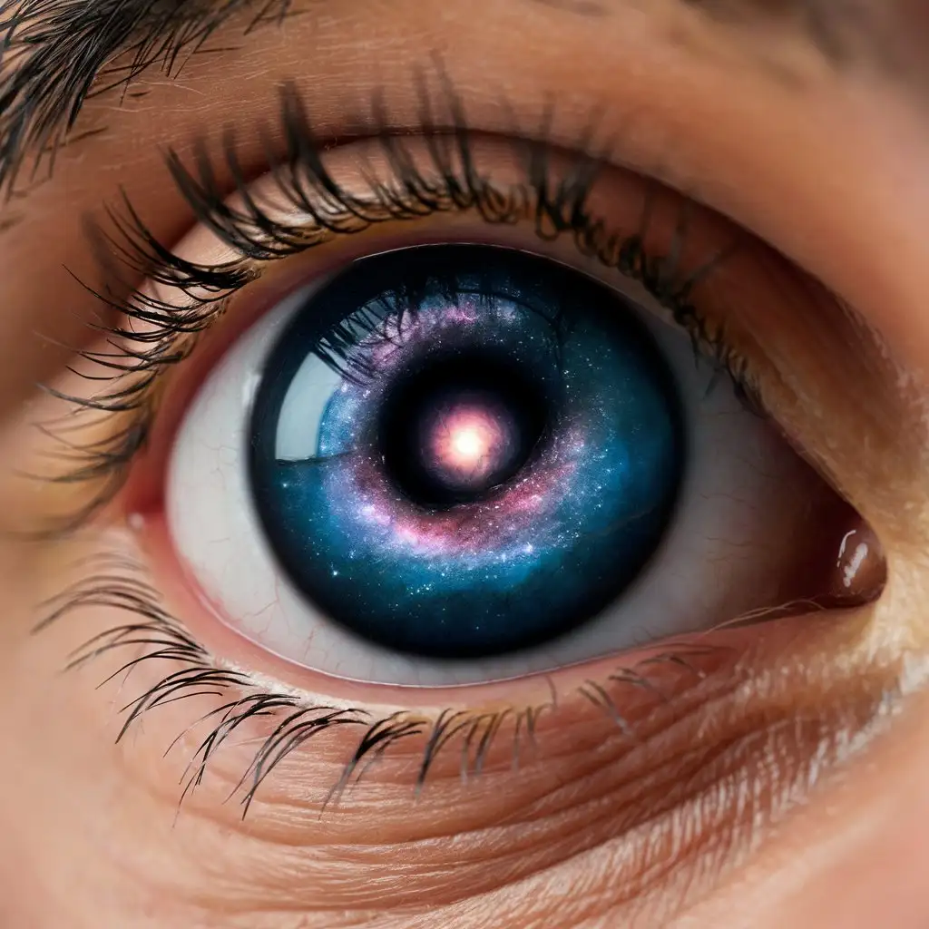 A photorealistic image of a close-up of an eye with a galaxy reflected in the pupil.