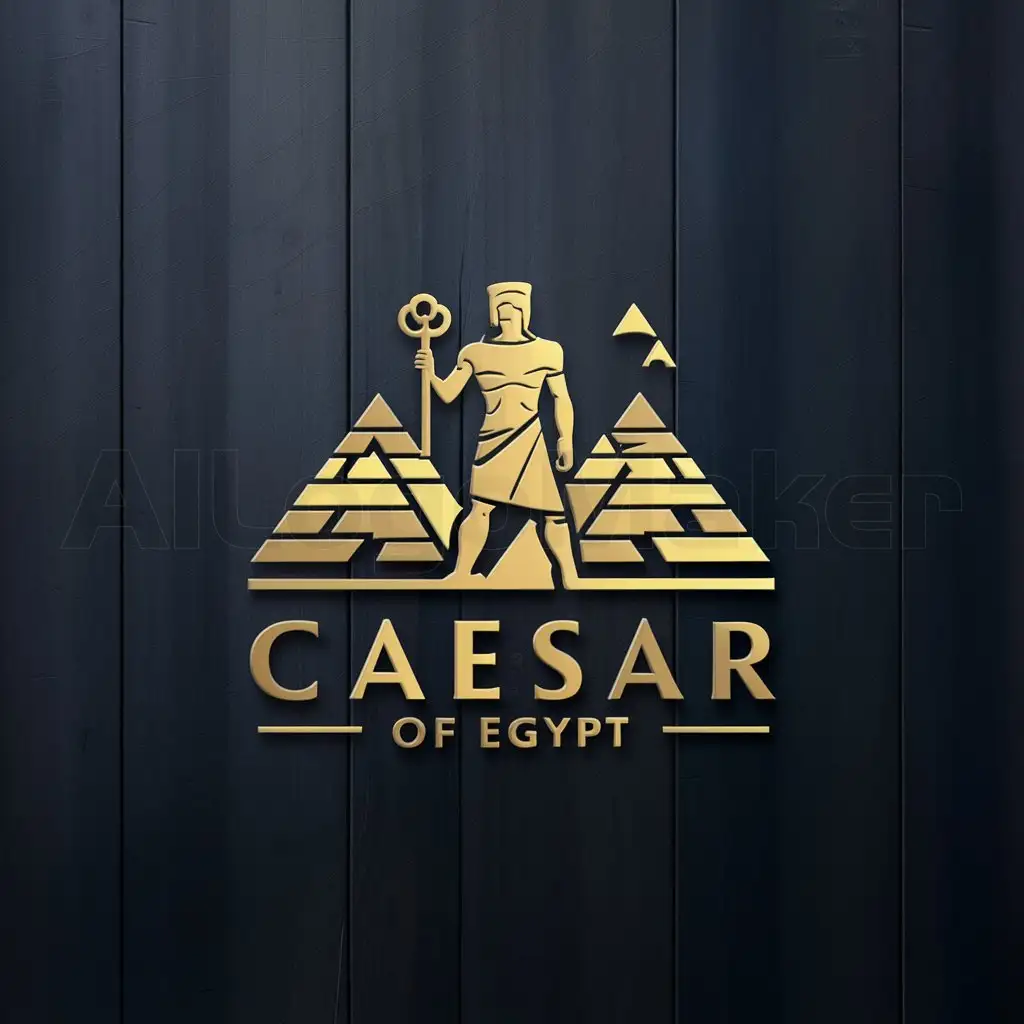 a logo design,with the text "Ceasar of Egypt", main symbol:The Caesar of Egypt stands and holds the key to life, and behind him are the pyramids,Moderate,be used in Travel industry,clear background