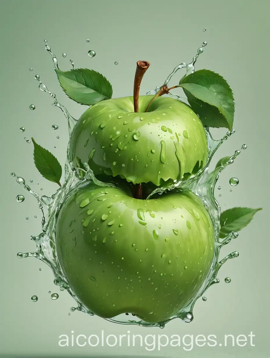  a scanned and realistic image of a green apple with two green leaves flying and splashed with water on a light green background speckled in green, Coloring Page, black and white, line art, white background, Simplicity, Ample White Space. The background of the coloring page is plain white to make it easy for young children to color within the lines. The outlines of all the subjects are easy to distinguish, making it simple for kids to color without too much difficulty