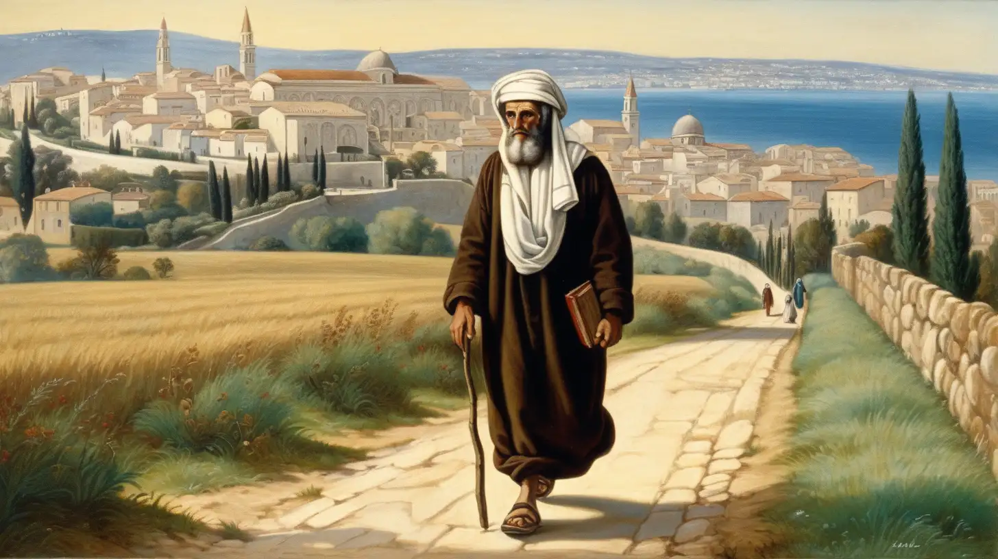 Biblical Era Hebrew Walking in Countryside Towards Jewish City