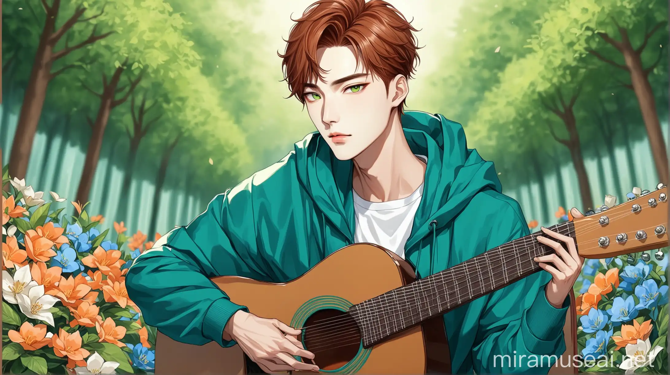 A very handsome attractive cool elegant looking Korean kpop male idol, facial features: (Reddish brown hair, green forest eyes, Bow shaped fuller down turned lips, straight upturned nose, almond upturned monolid fox eyes, oval v shaped jawline small face, soft angle shallow arched eyebrows )Wearing blue hoddie jacket and plain white tshirt and pant sitting in chair, singing and playing guitar in a beautiful aesthetic flower garden 