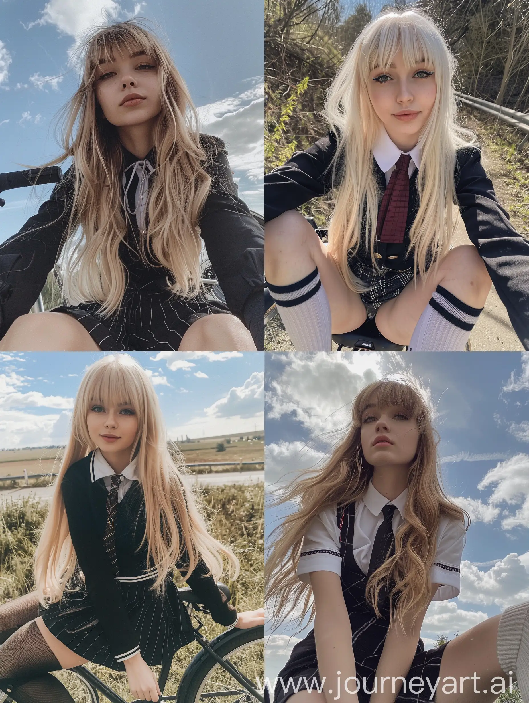 Influencer-with-Blond-Hair-in-Black-School-Uniform-Selfie-on-Bicycle